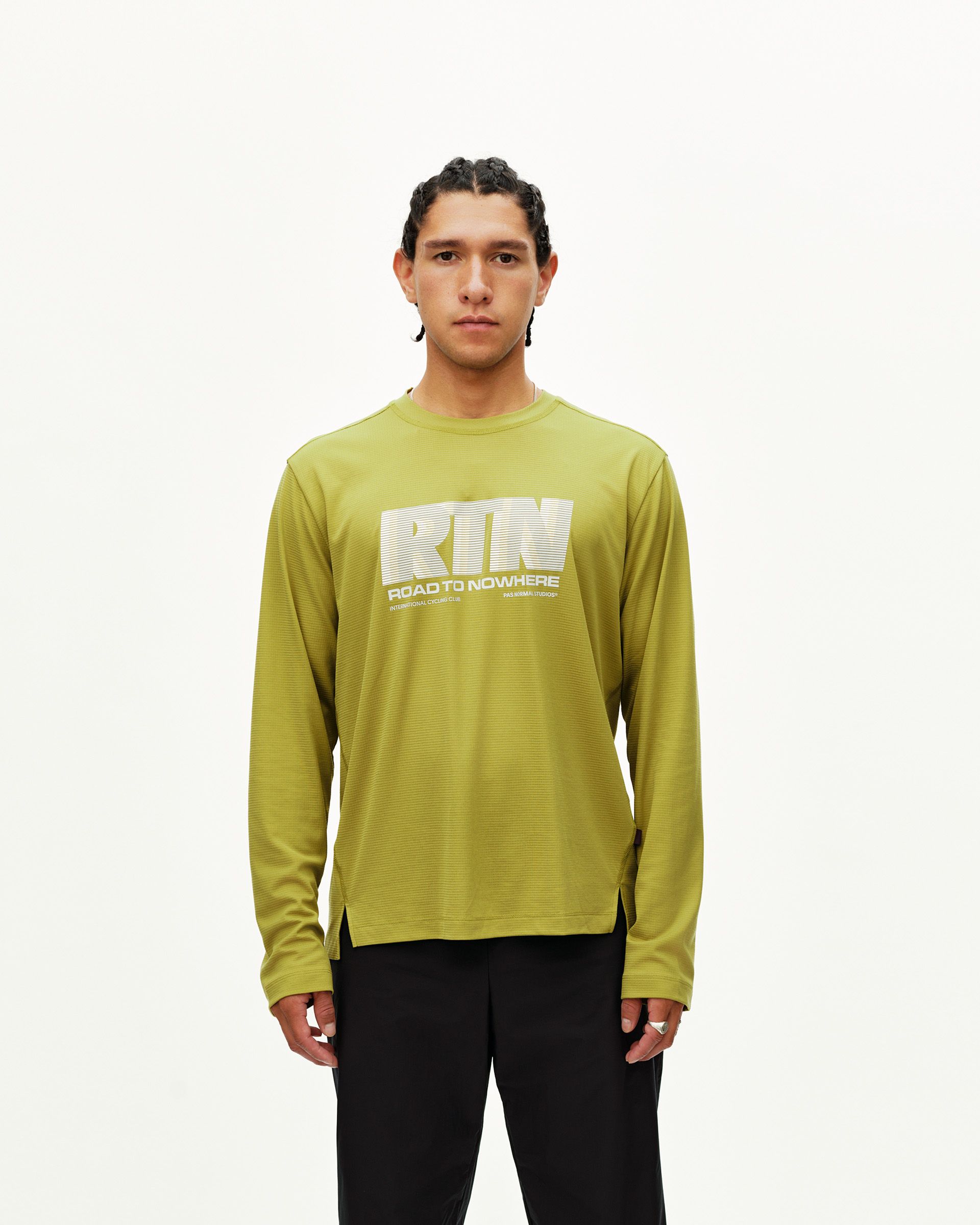 Dark Lime Balance long sleeve T-shirt on model, front view with white RTN Road To Nowhere chest print