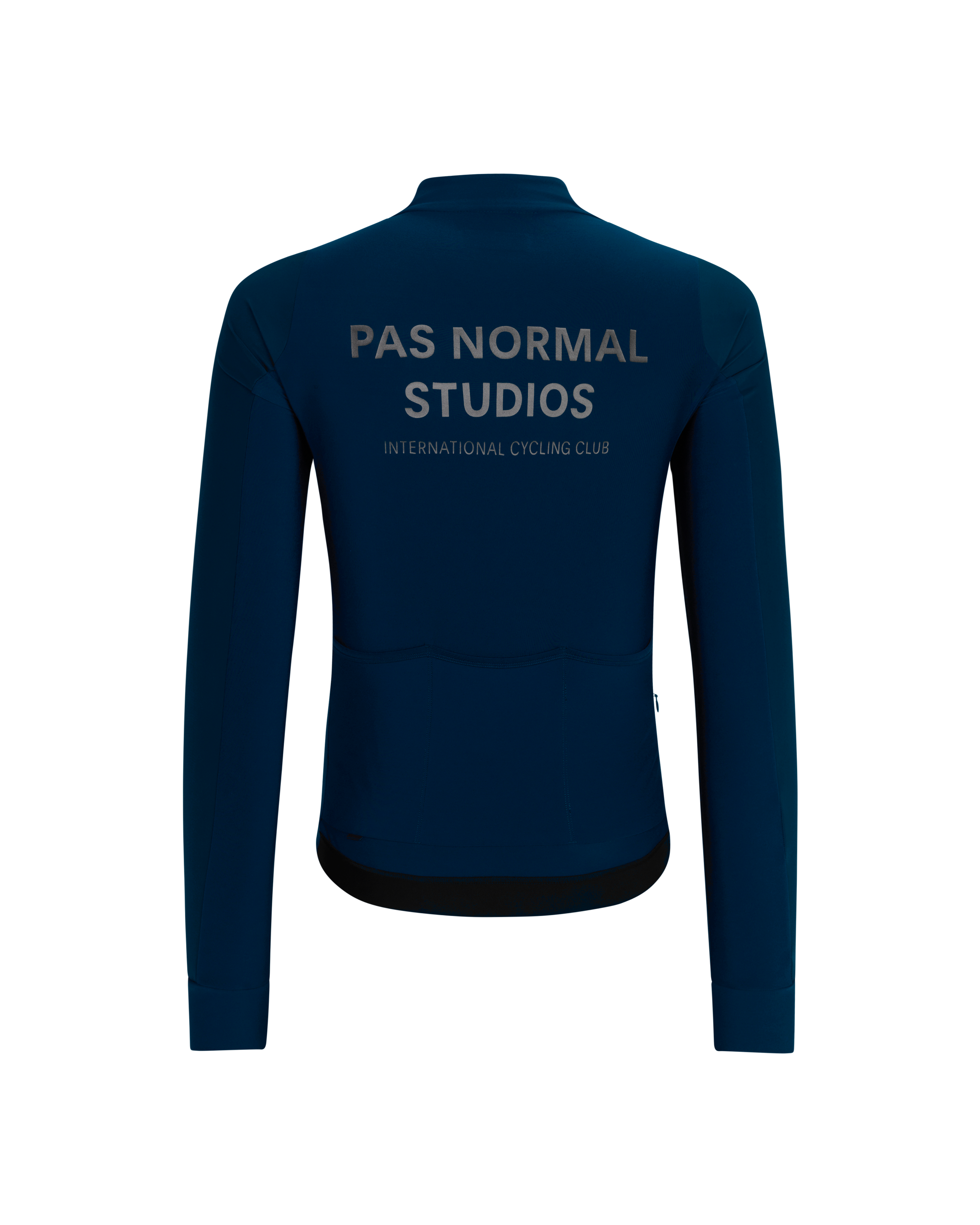Navy Mechanism Thermal long sleeve cycling jersey, rear flat lay with grey back print