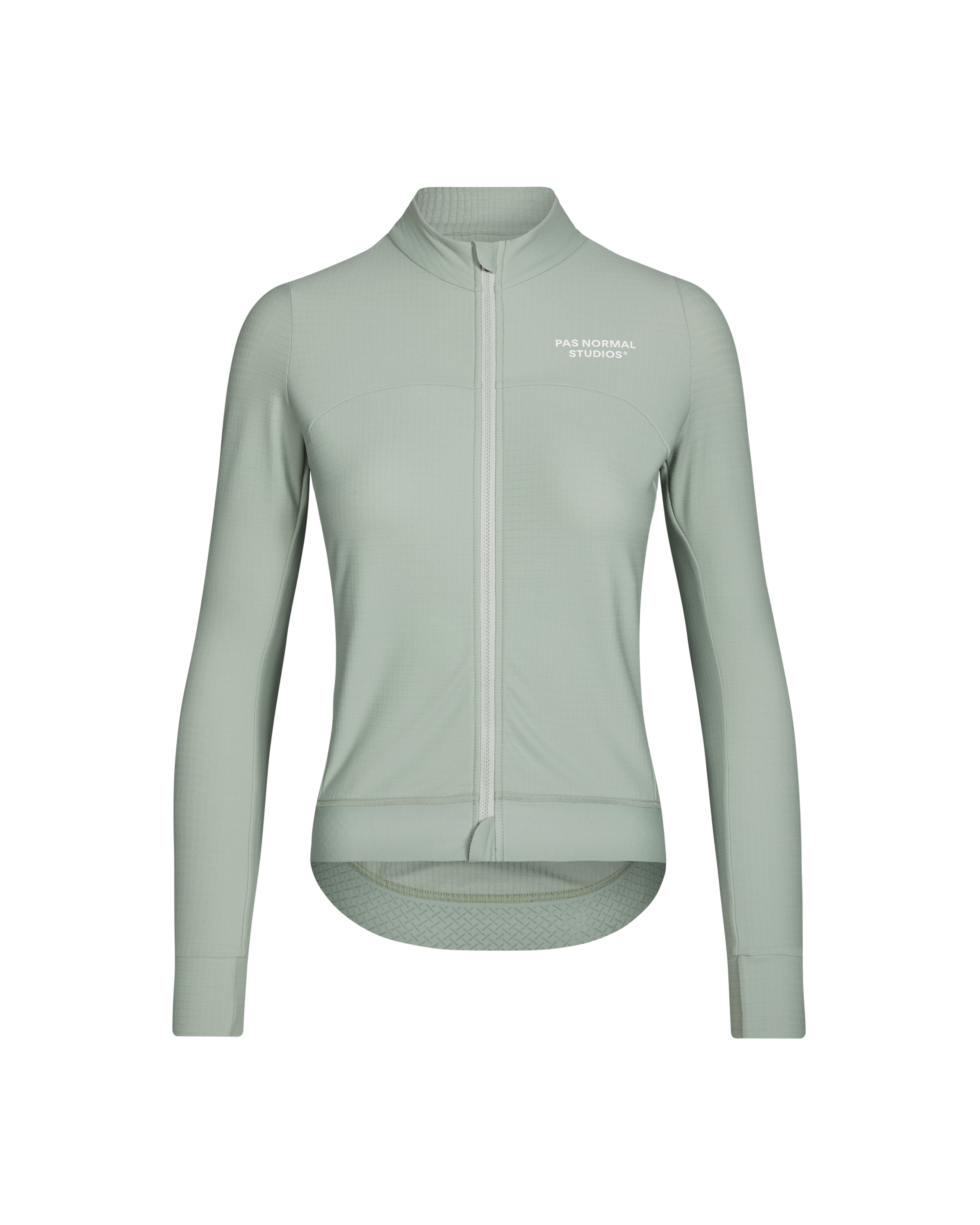Celeste Essential long sleeve cycling jersey, front view with full zip and textured hem
