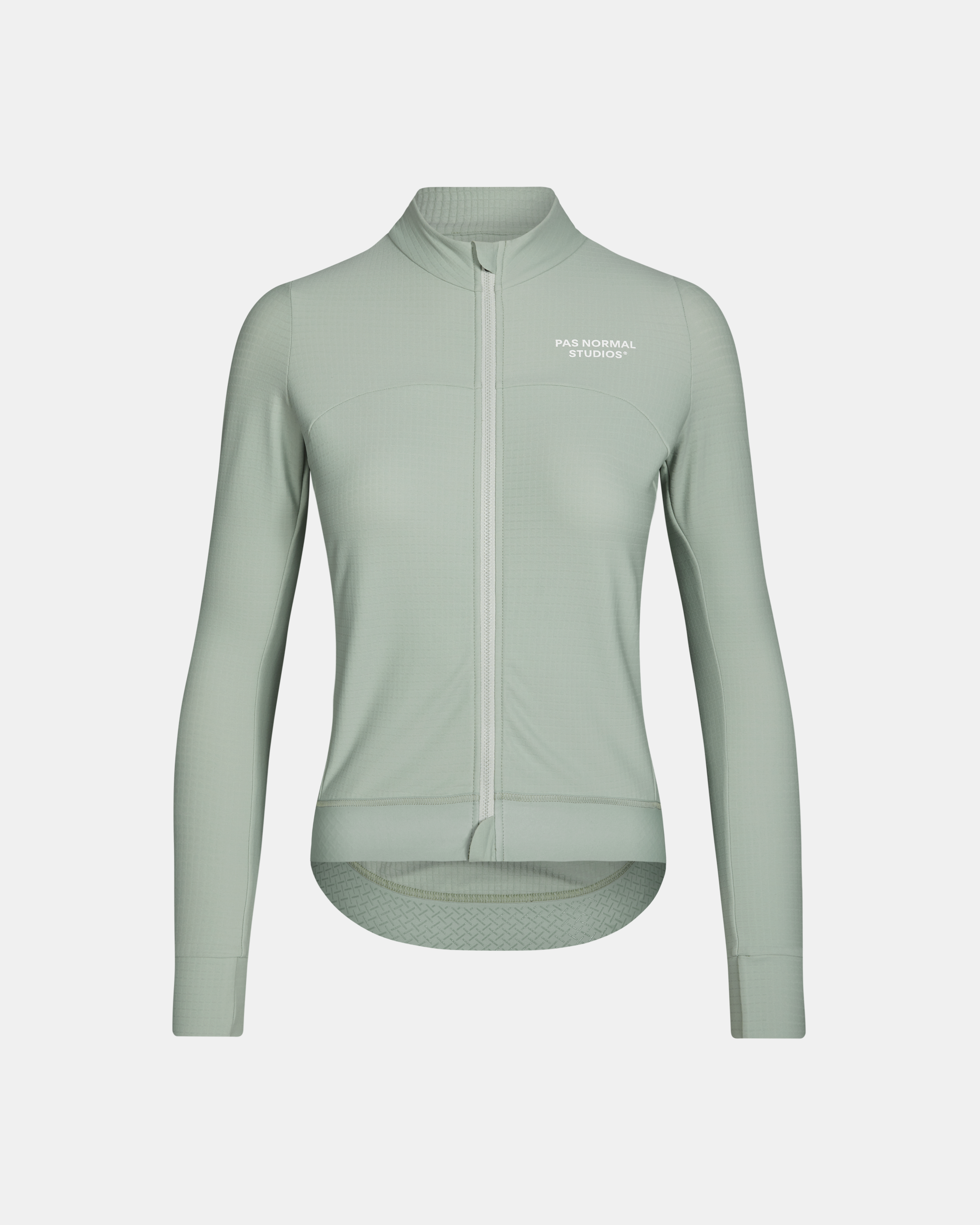 Celeste Essential long sleeve cycling jersey, front view with full zip and textured hem