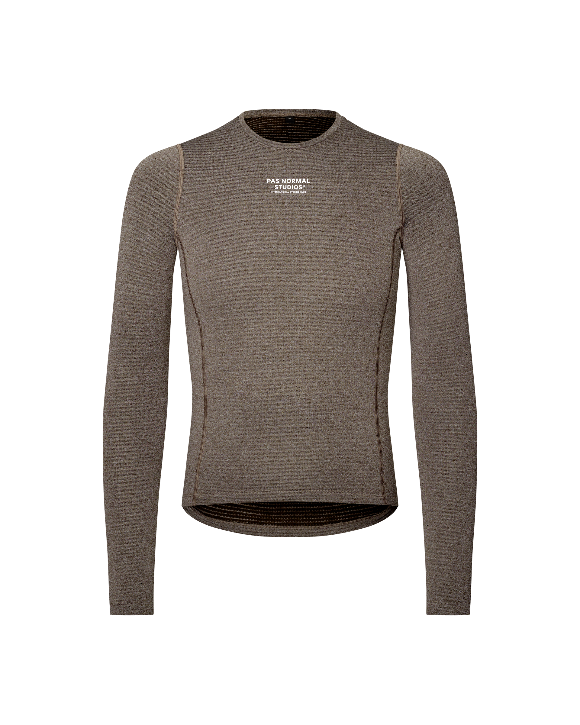 Dark Coffee brown cycling long sleeve baselayer, front flat lay with ribbed texture and white chest logo