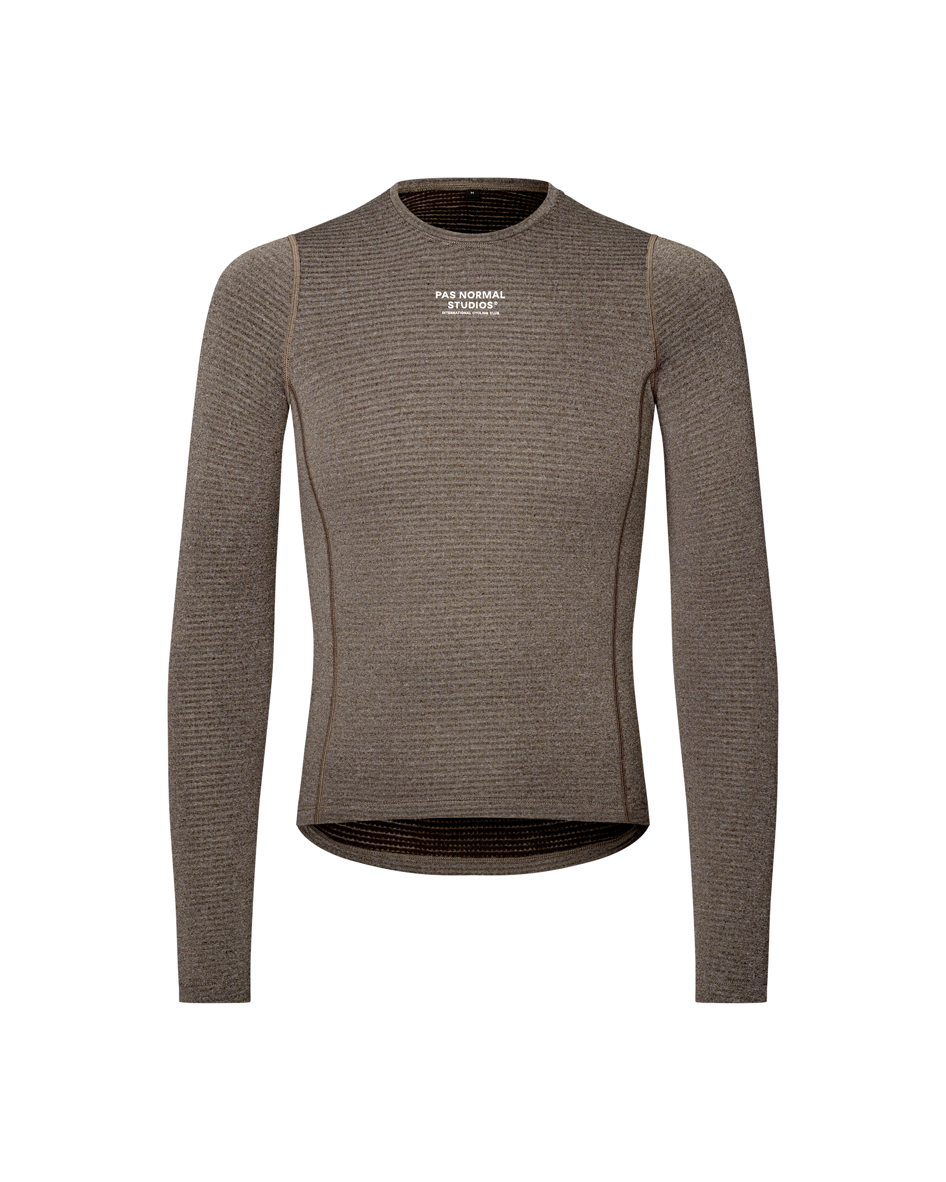 Dark Coffee brown cycling long sleeve baselayer, front flat lay with ribbed texture and white chest logo