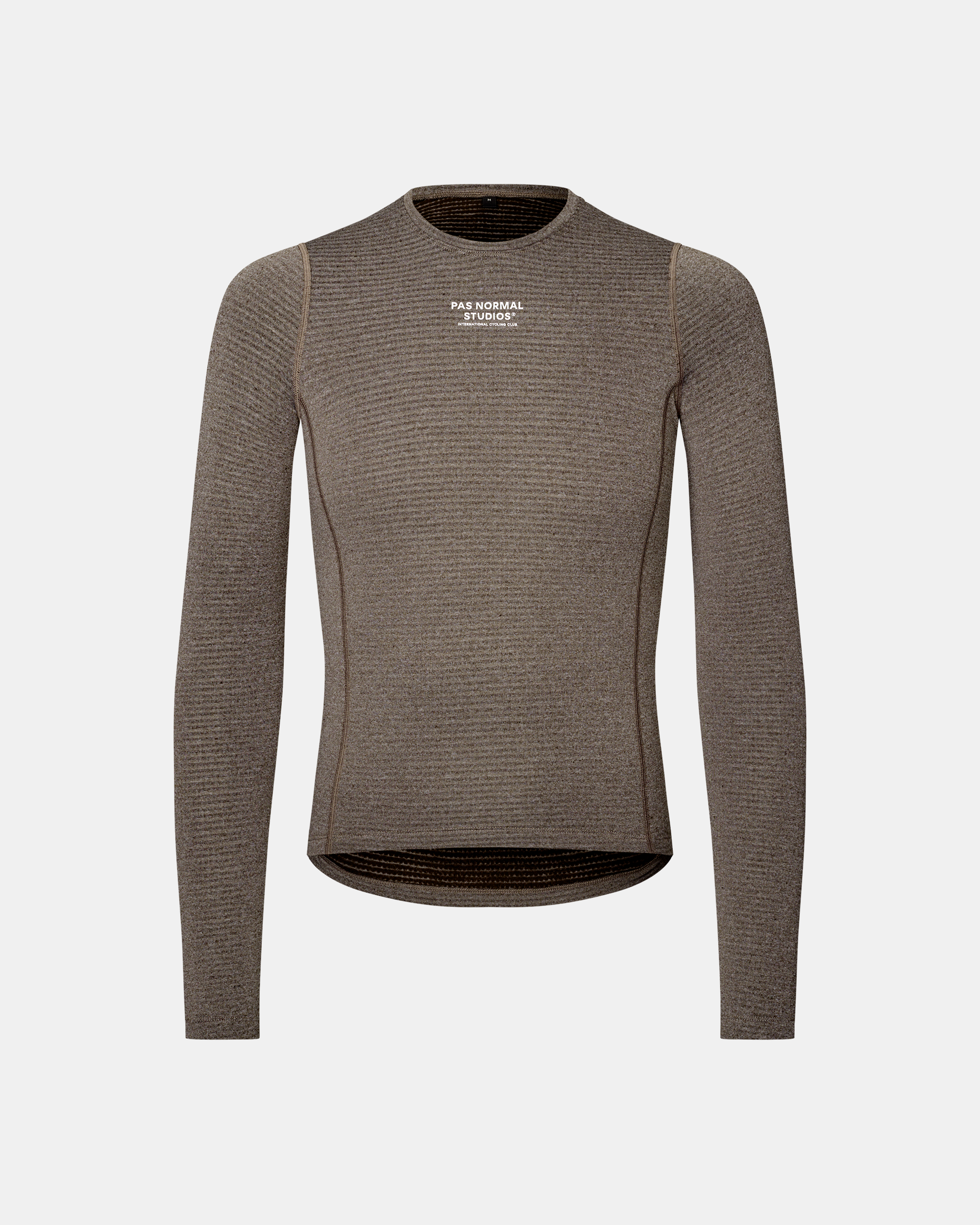 Dark Coffee brown cycling long sleeve baselayer, front flat lay with ribbed texture and white chest logo