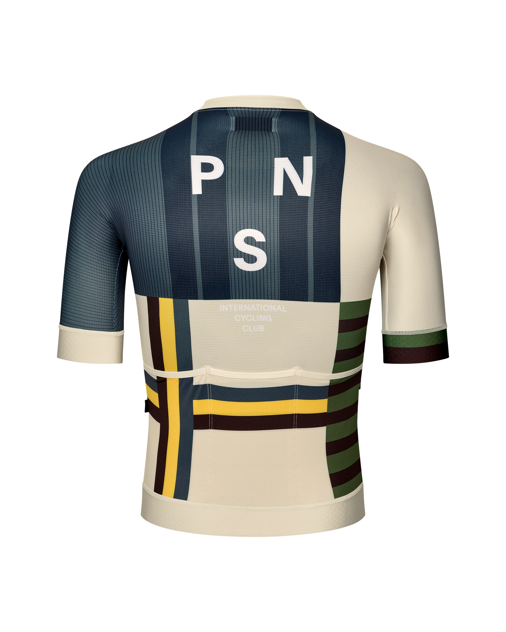 International Sand PNS Mechanism cycling jersey, rear view on model with multicolour stripe and block graphic print
