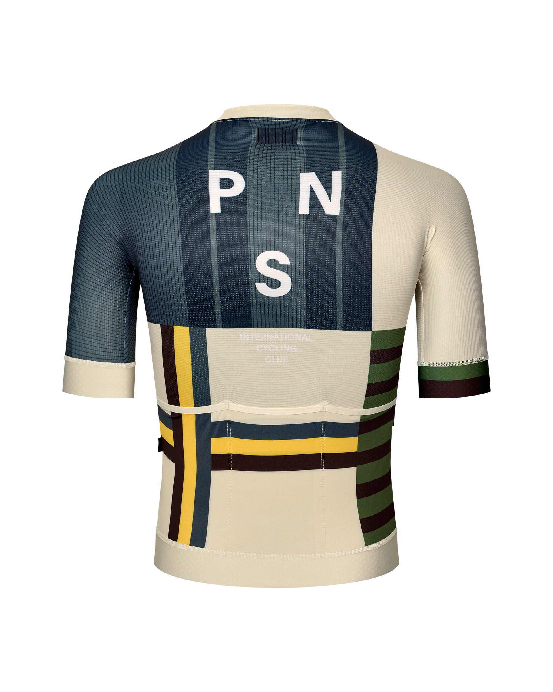 International Sand PNS Mechanism cycling jersey, rear view on model with multicolour stripe and block graphic print