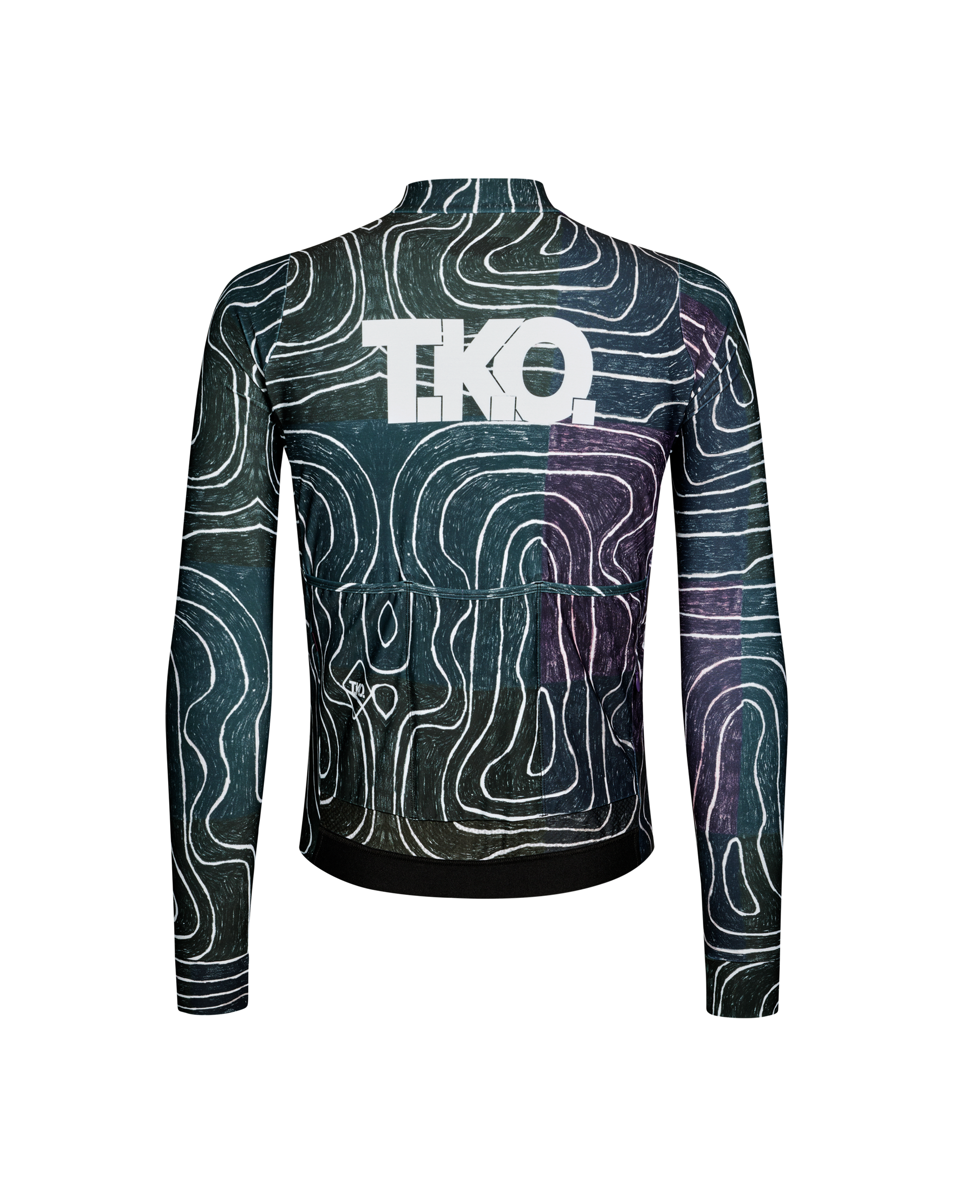 Black Multi T.K.O. Mechanism long sleeve cycling jersey, rear flat lay with topographic allover print and white back logo