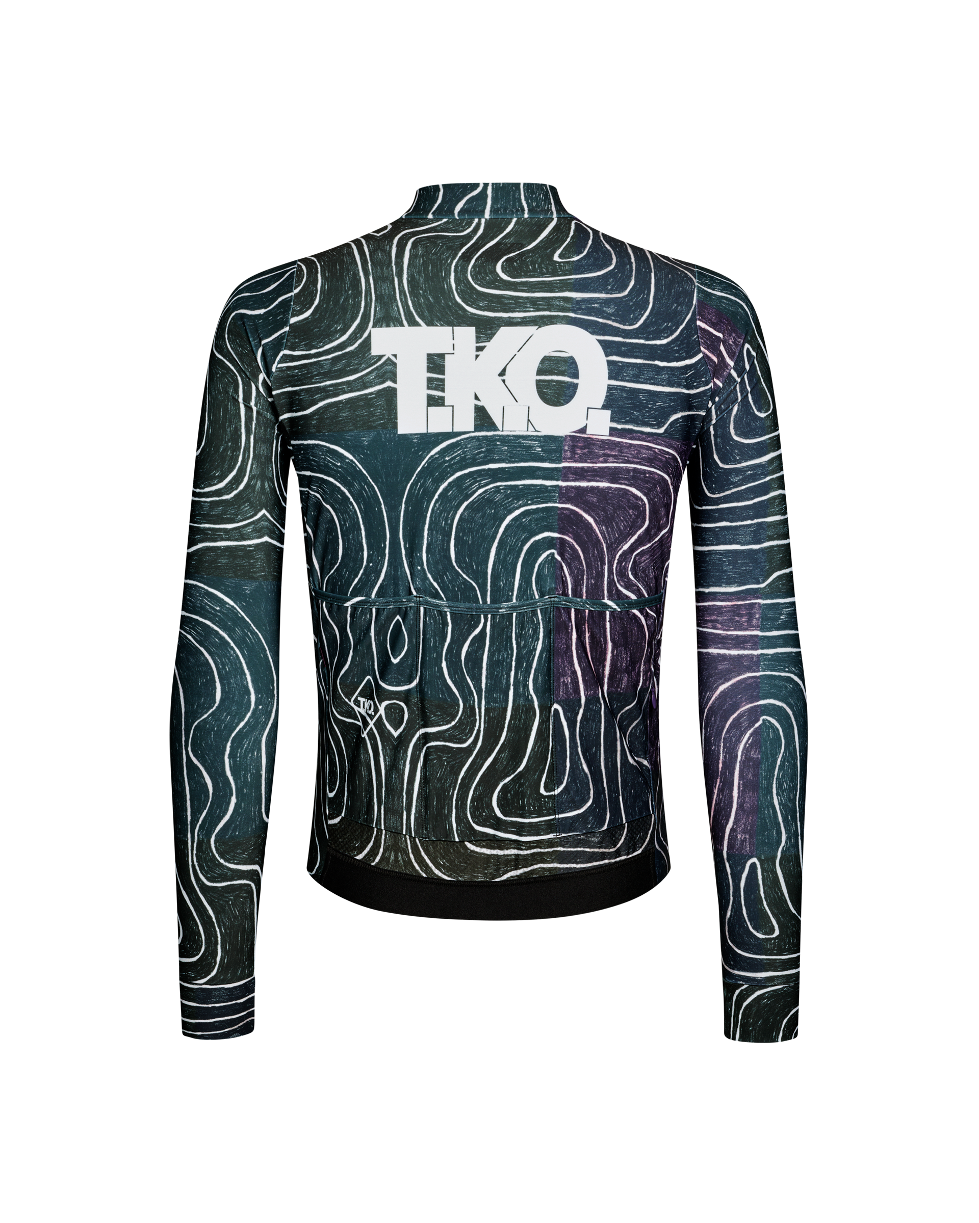 Black Multi T.K.O. Mechanism long sleeve cycling jersey, rear flat lay with topographic allover print and white back logo