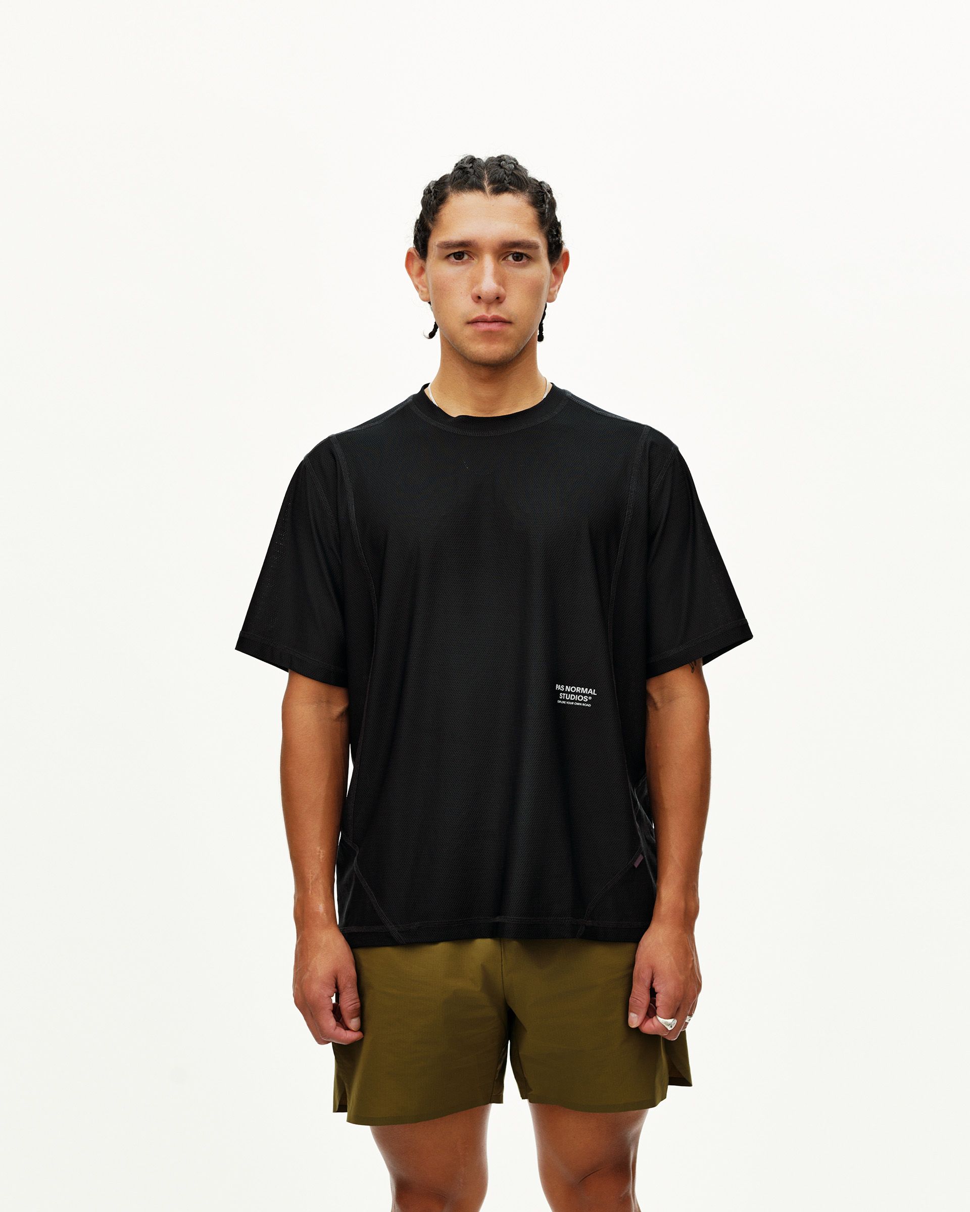Black Balance T-shirt on model, front view with small chest logo print
