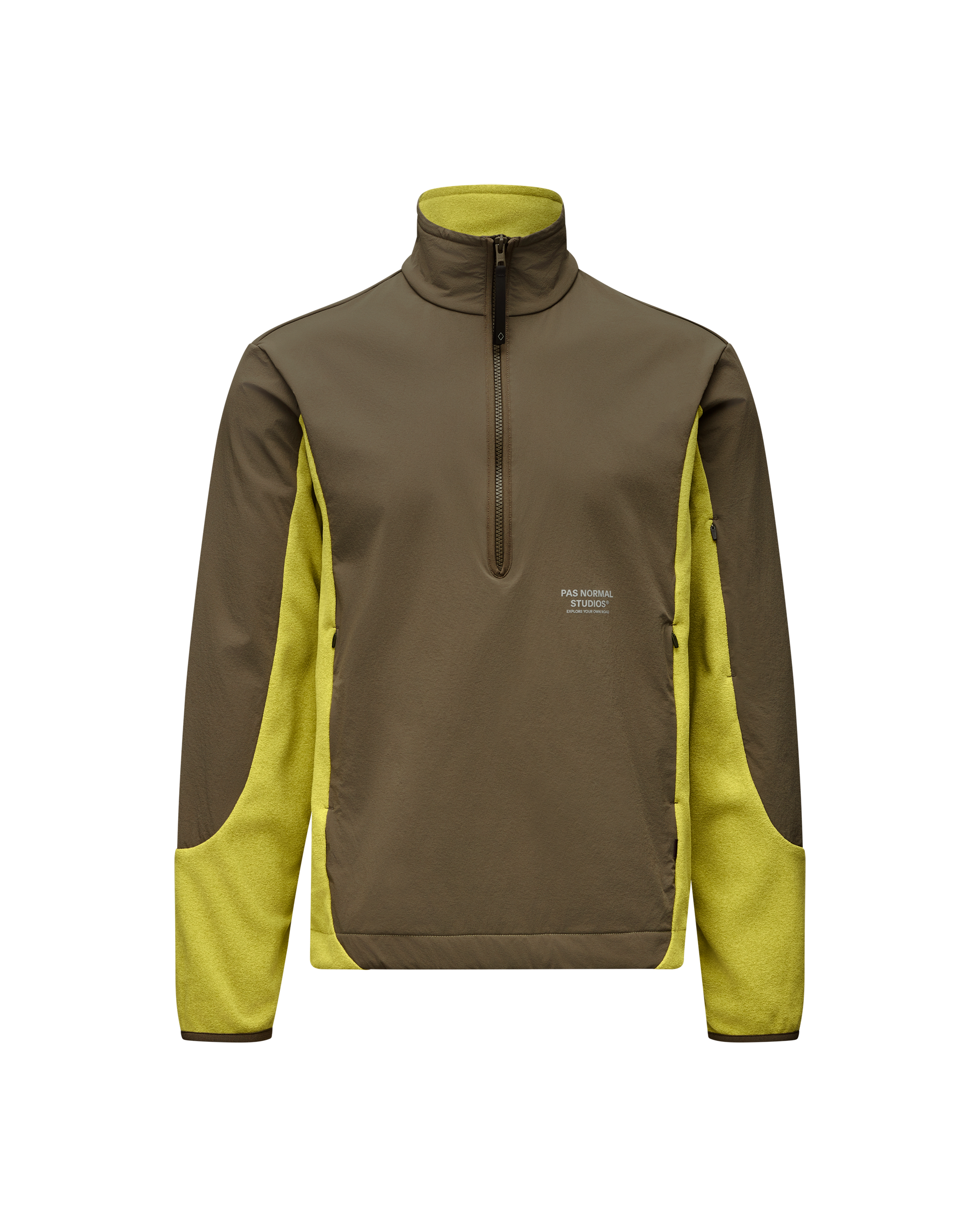 Moss Green Off-Race Light Fleece half-zip, front view with yellow side panels and contrast collar