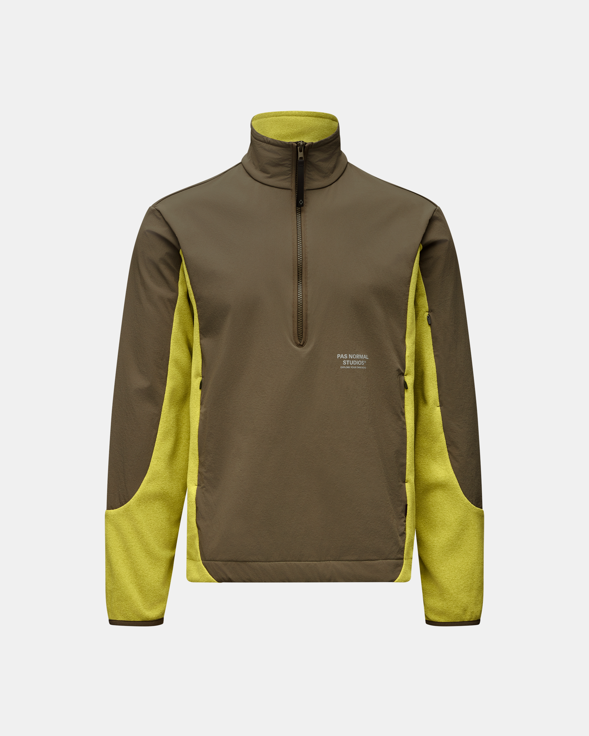 Moss Green Off-Race Light Fleece half-zip, front view with yellow side panels and contrast collar
