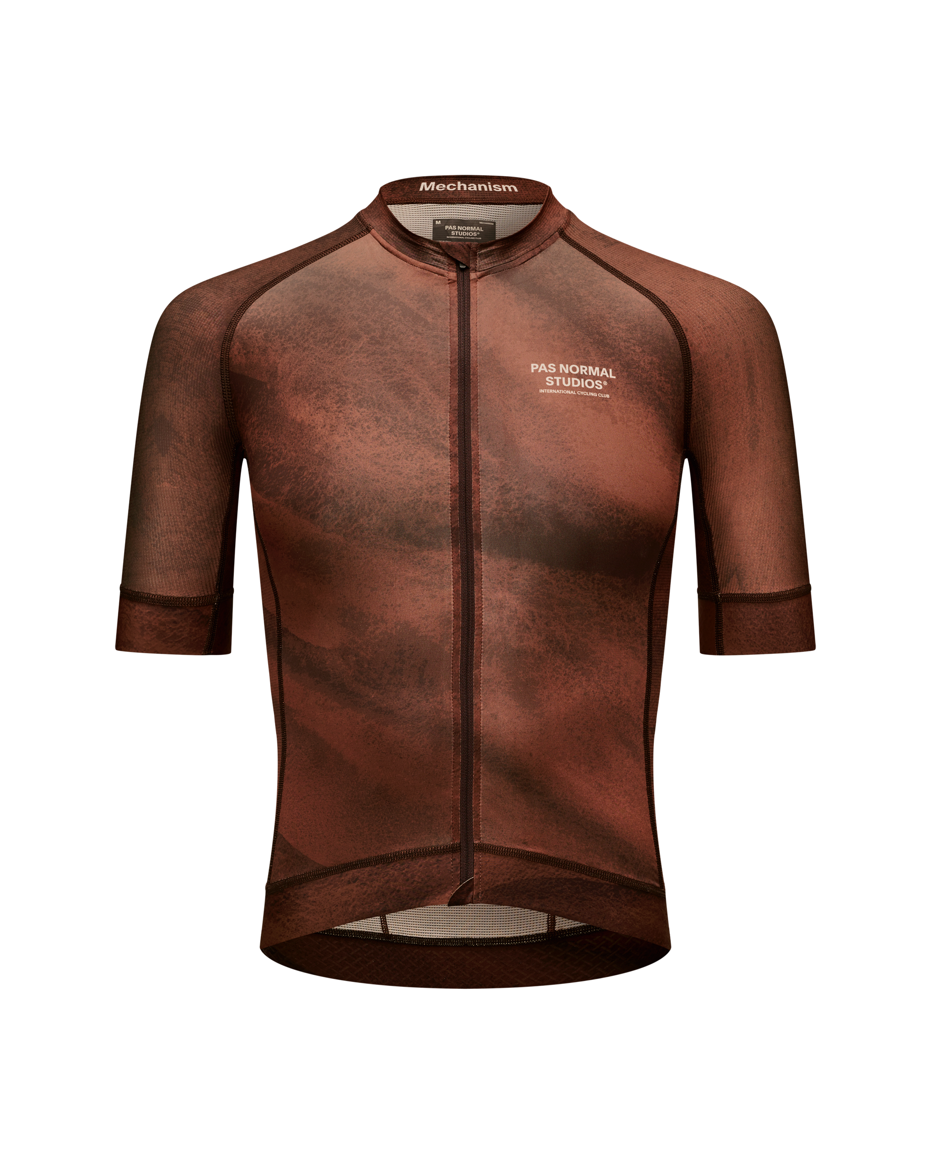Brown Mechanism cycling jersey, front view with white chest logo