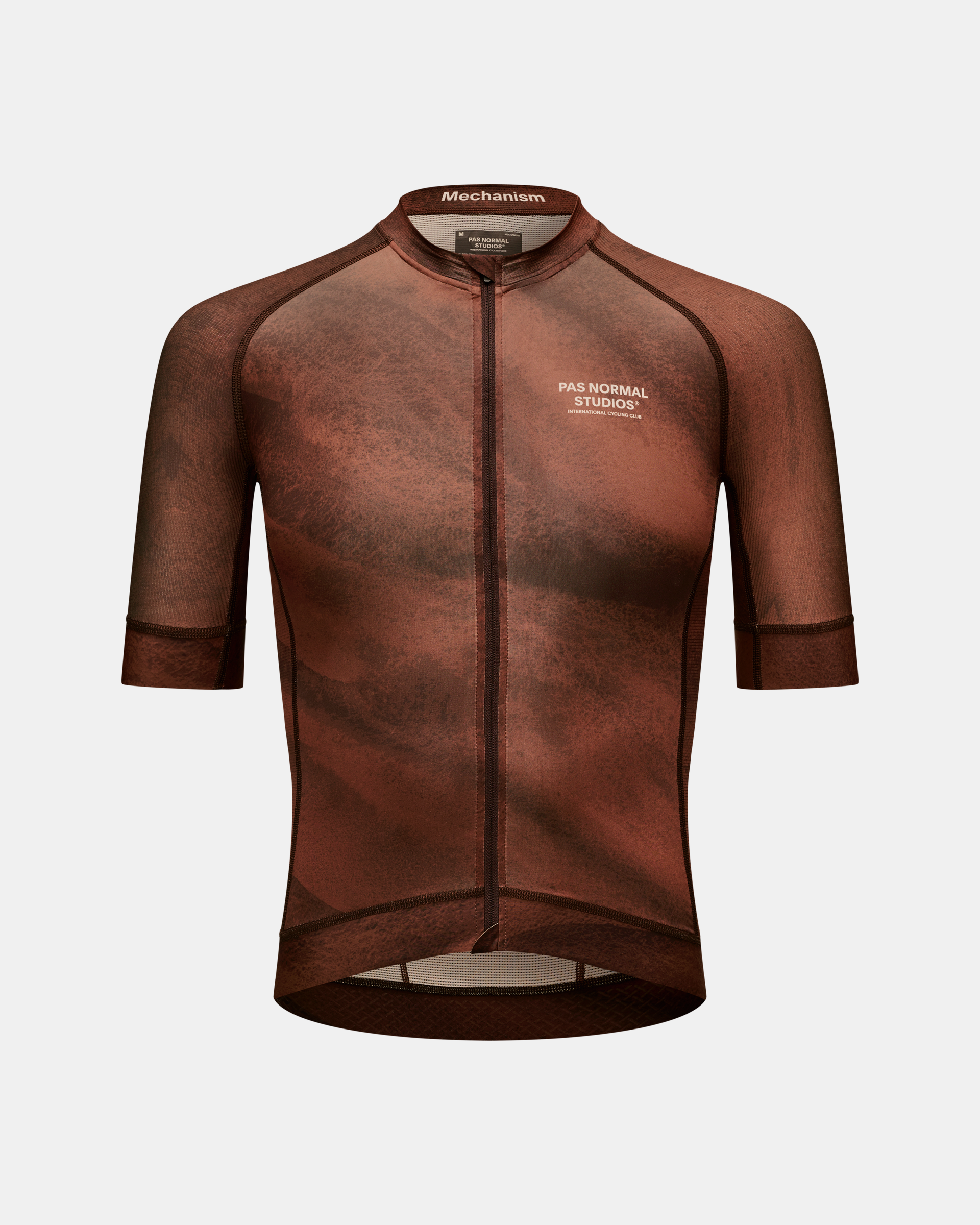 Brown Mechanism cycling jersey, front view with white chest logo