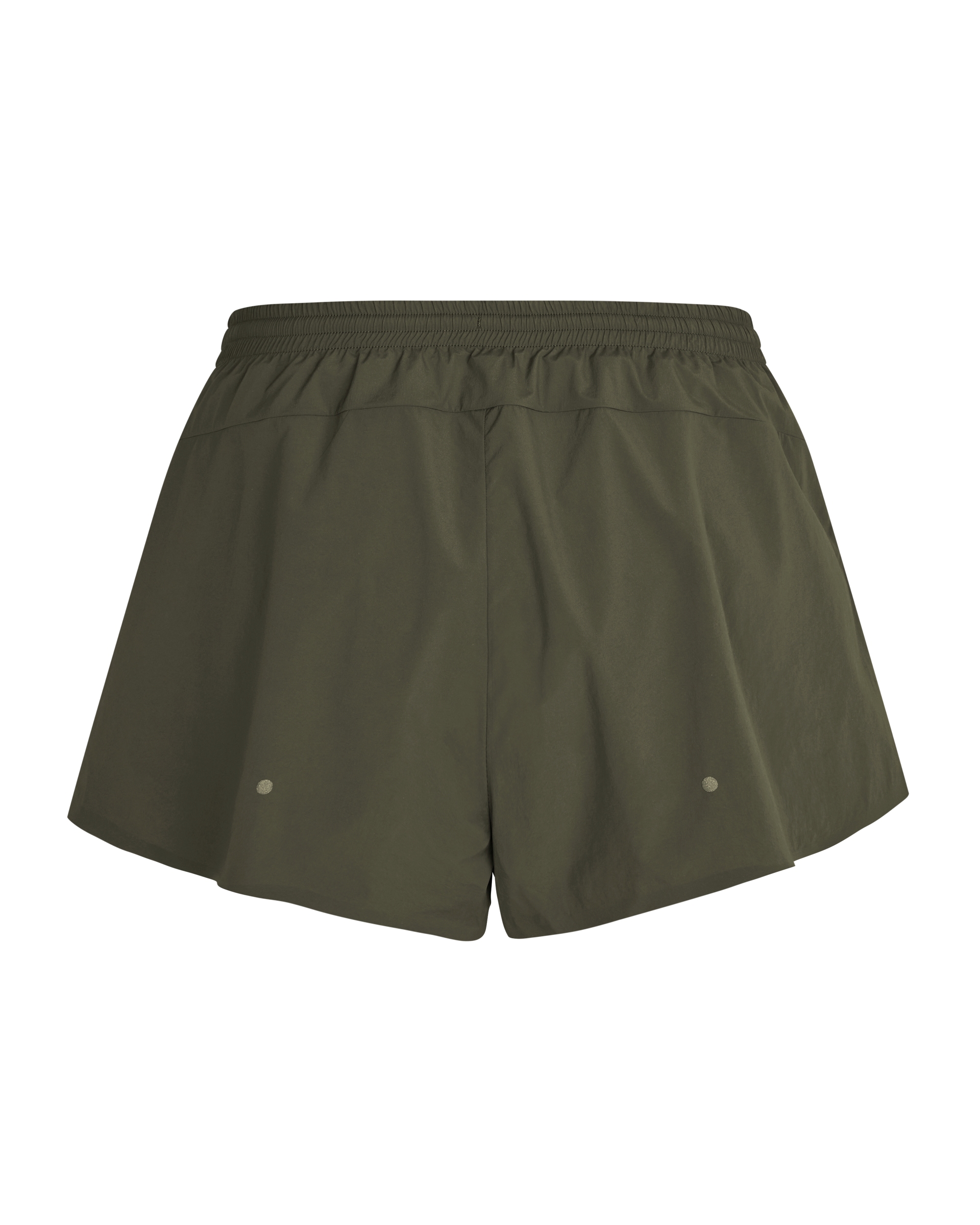 Dark Olive Balance women's shorts, rear flat lay with elastic waistband and snap vents