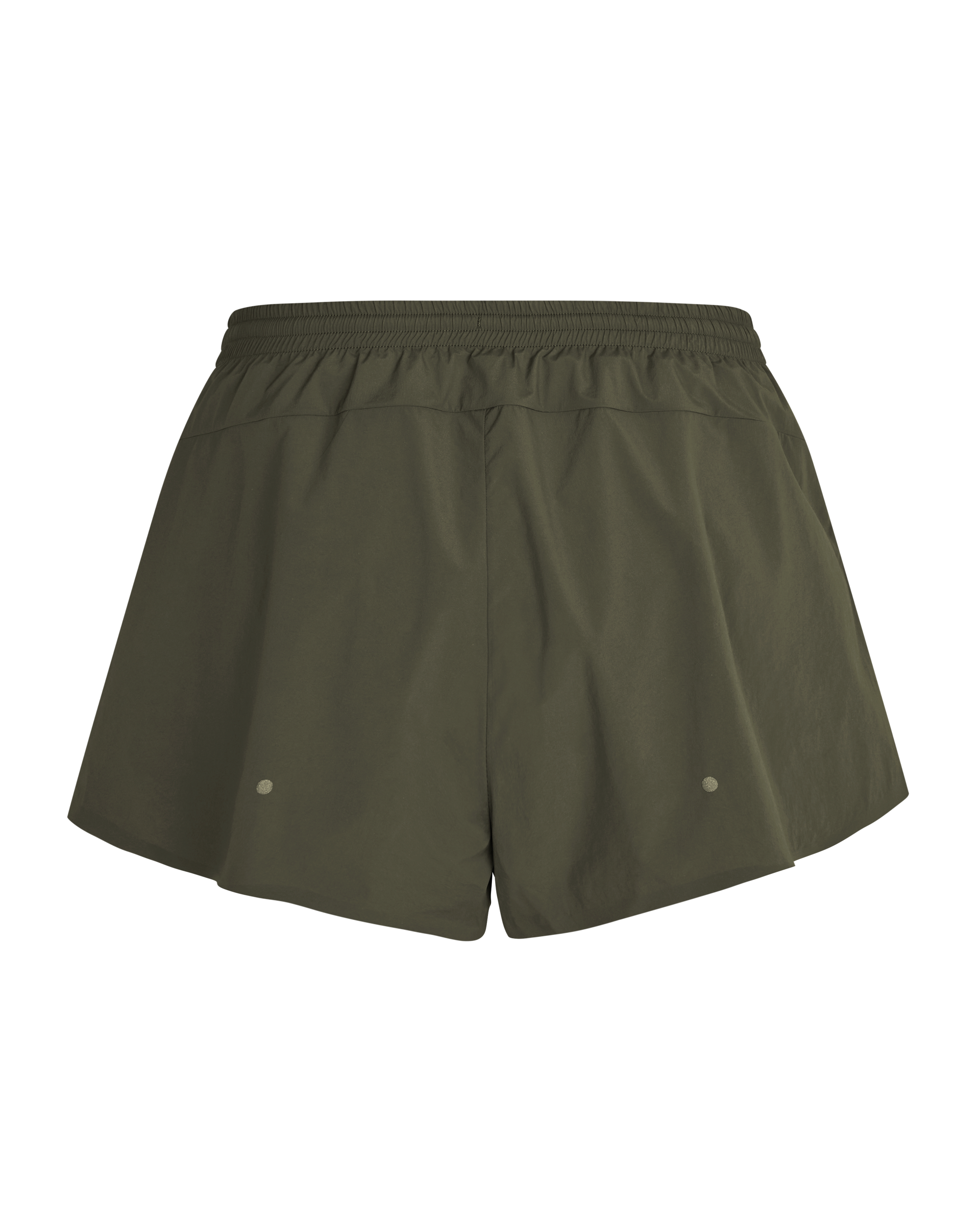 Dark Olive Balance women's shorts, rear flat lay with elastic waistband and snap vents