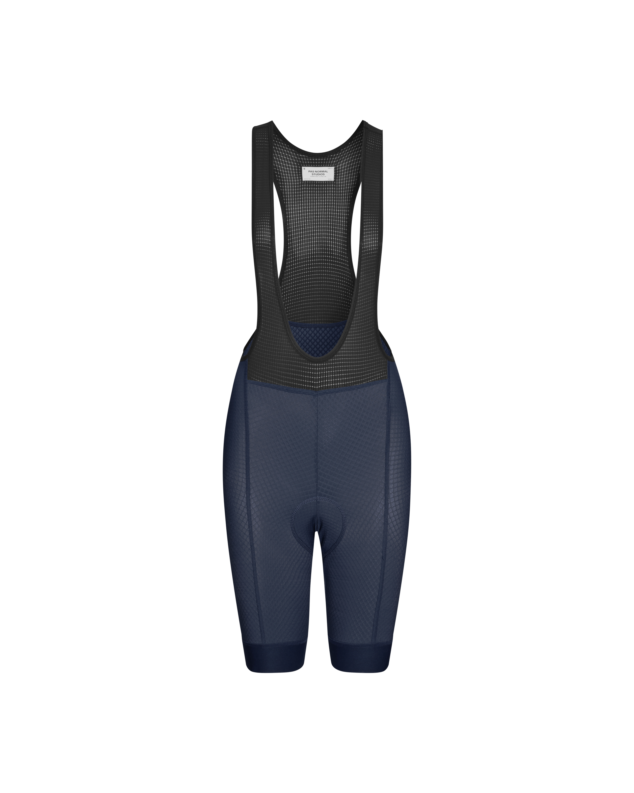 Navy Essential cycling bibs, front flat lay with black mesh bib straps