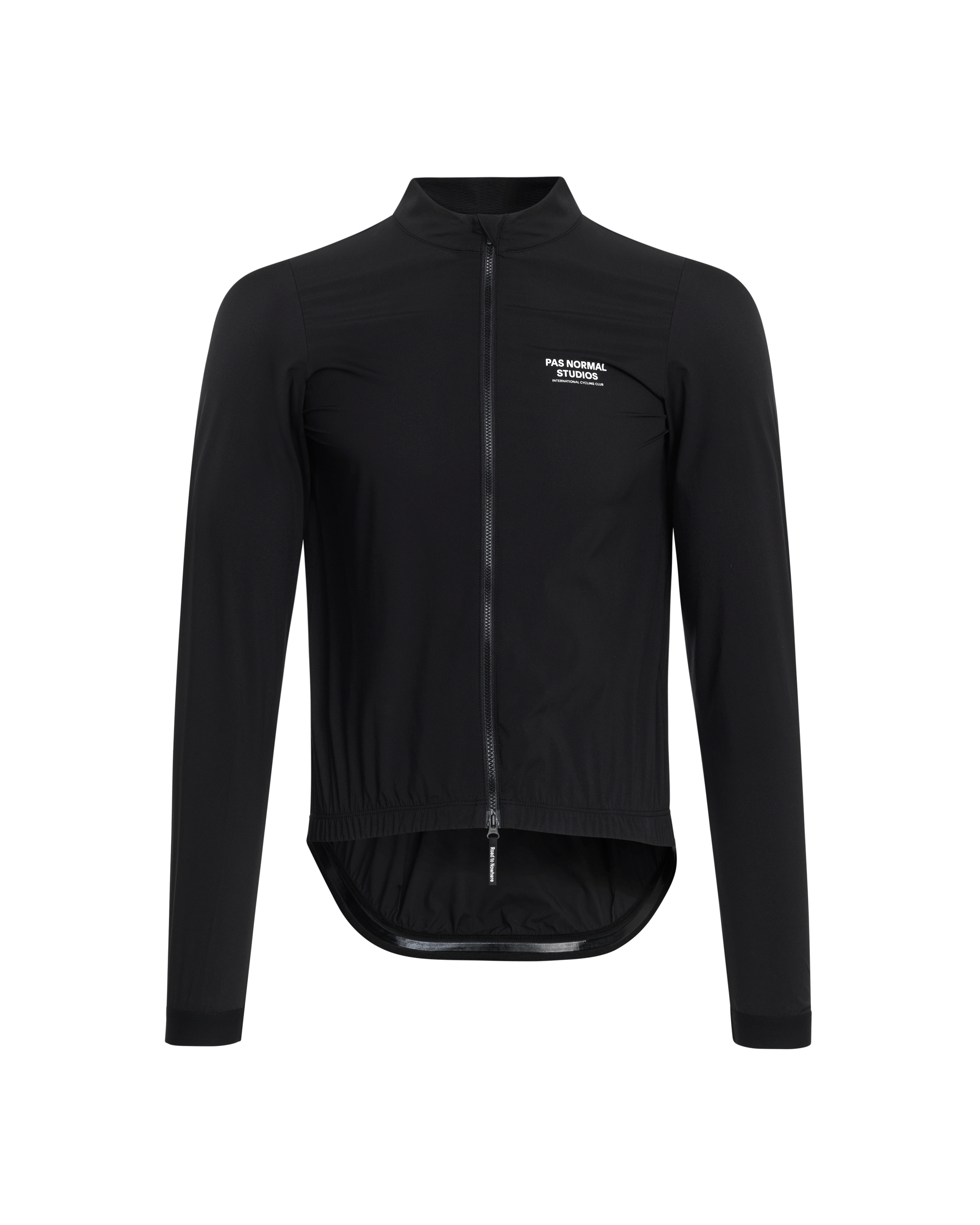 Black Mechanism Stow Away cycling jacket, front view with white chest logo and full zip