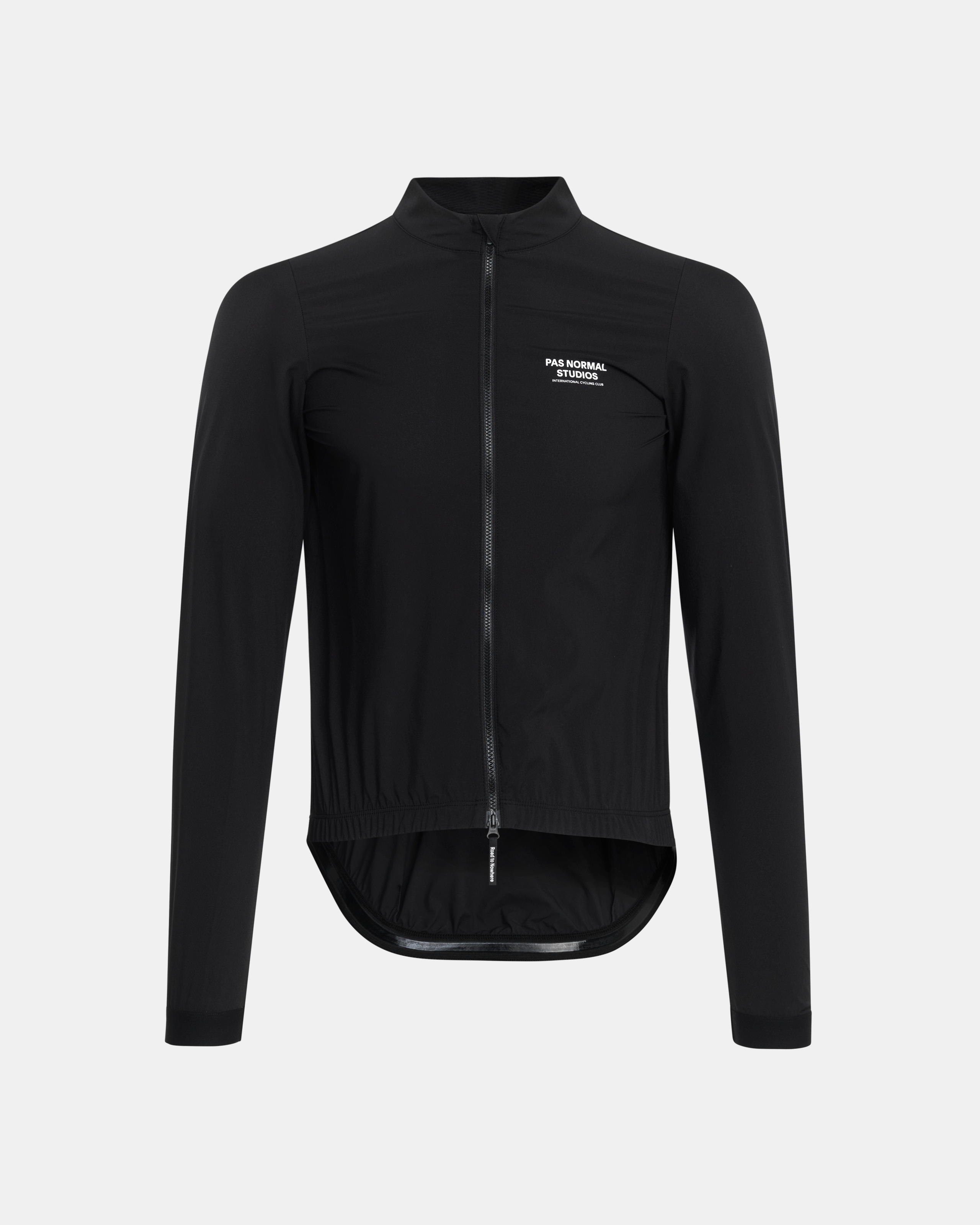 Black Mechanism Stow Away cycling jacket, front view with white chest logo and full zip