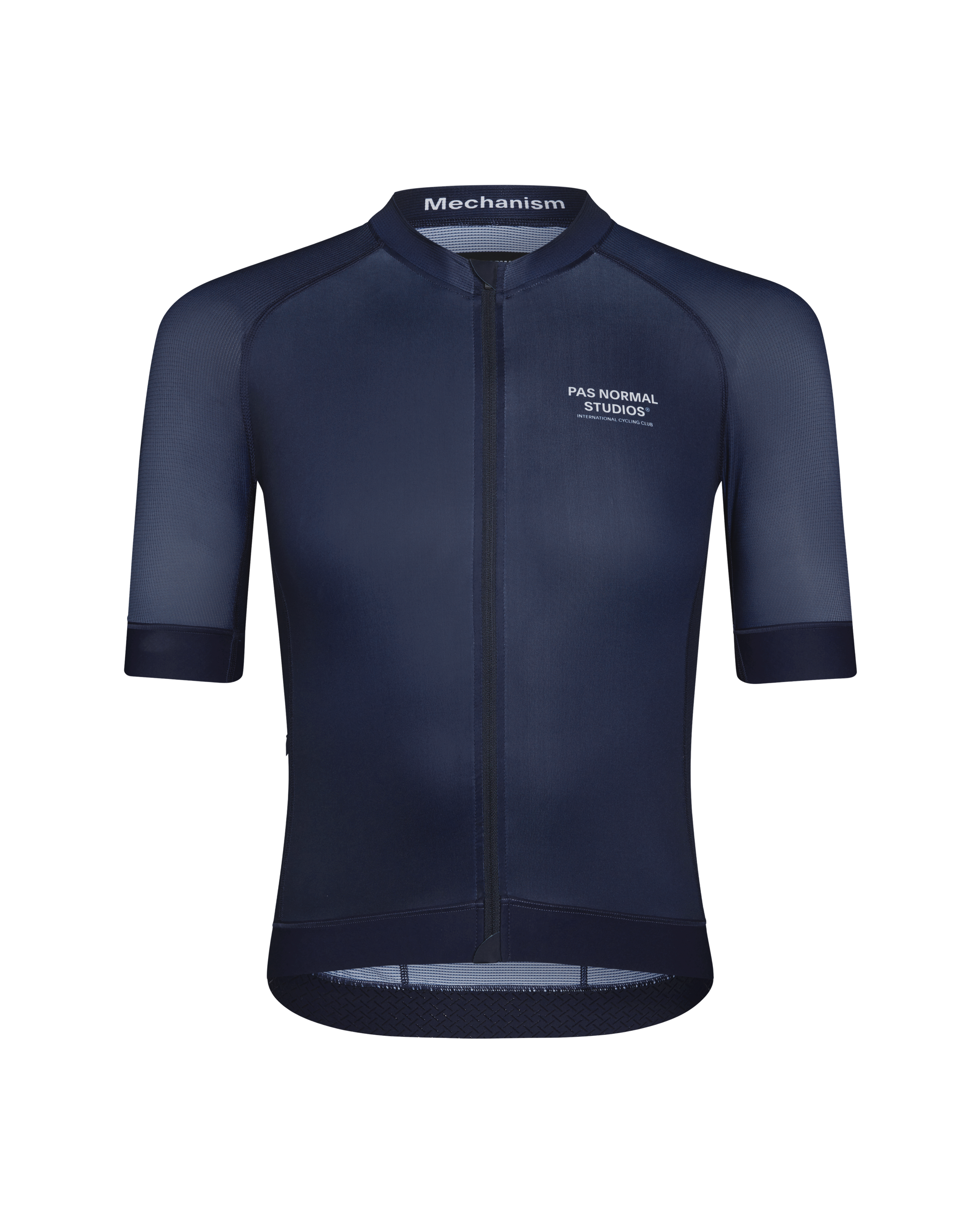Navy Mechanism cycling jersey, front view with white chest logo