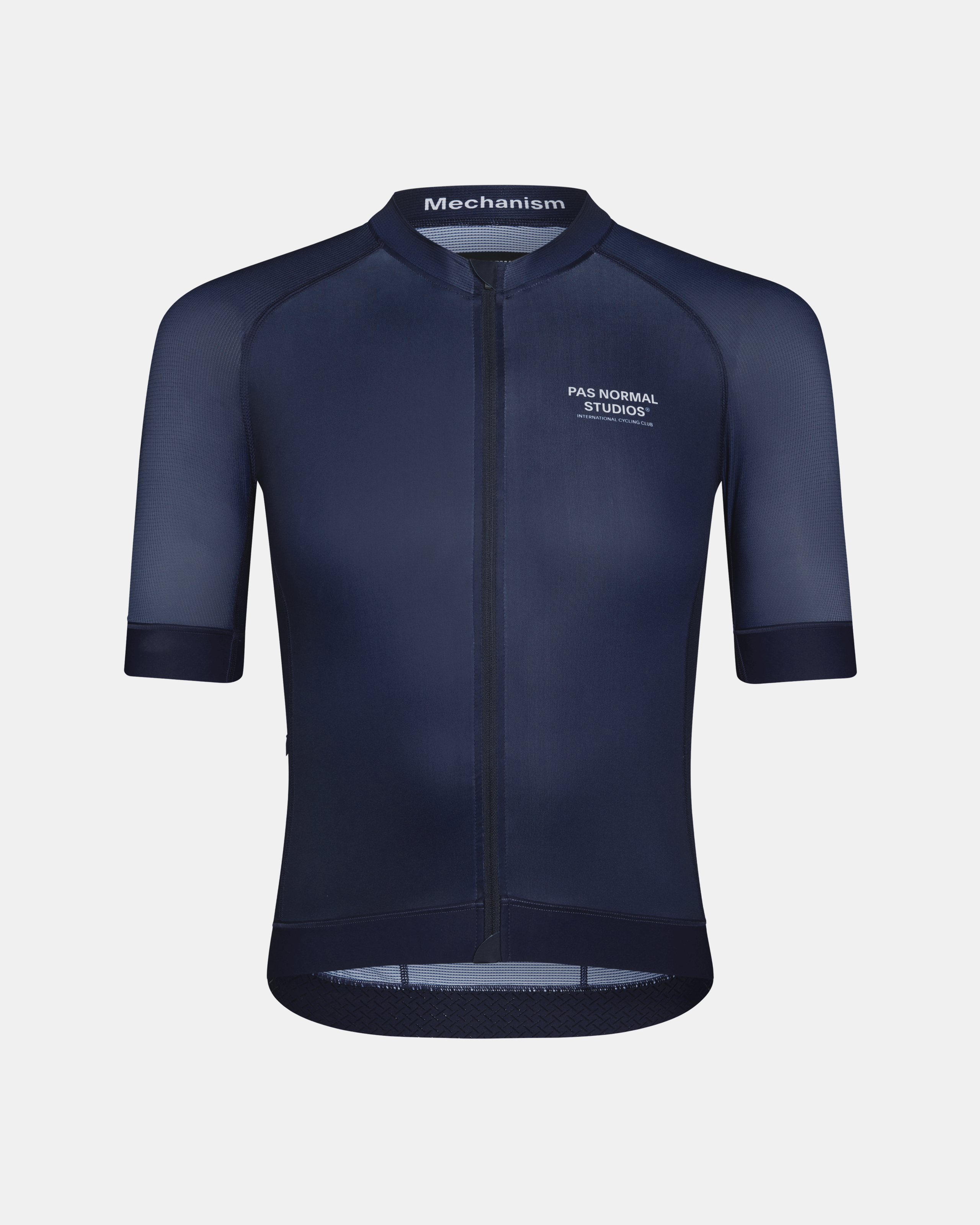 Navy Mechanism cycling jersey, front view with white chest logo