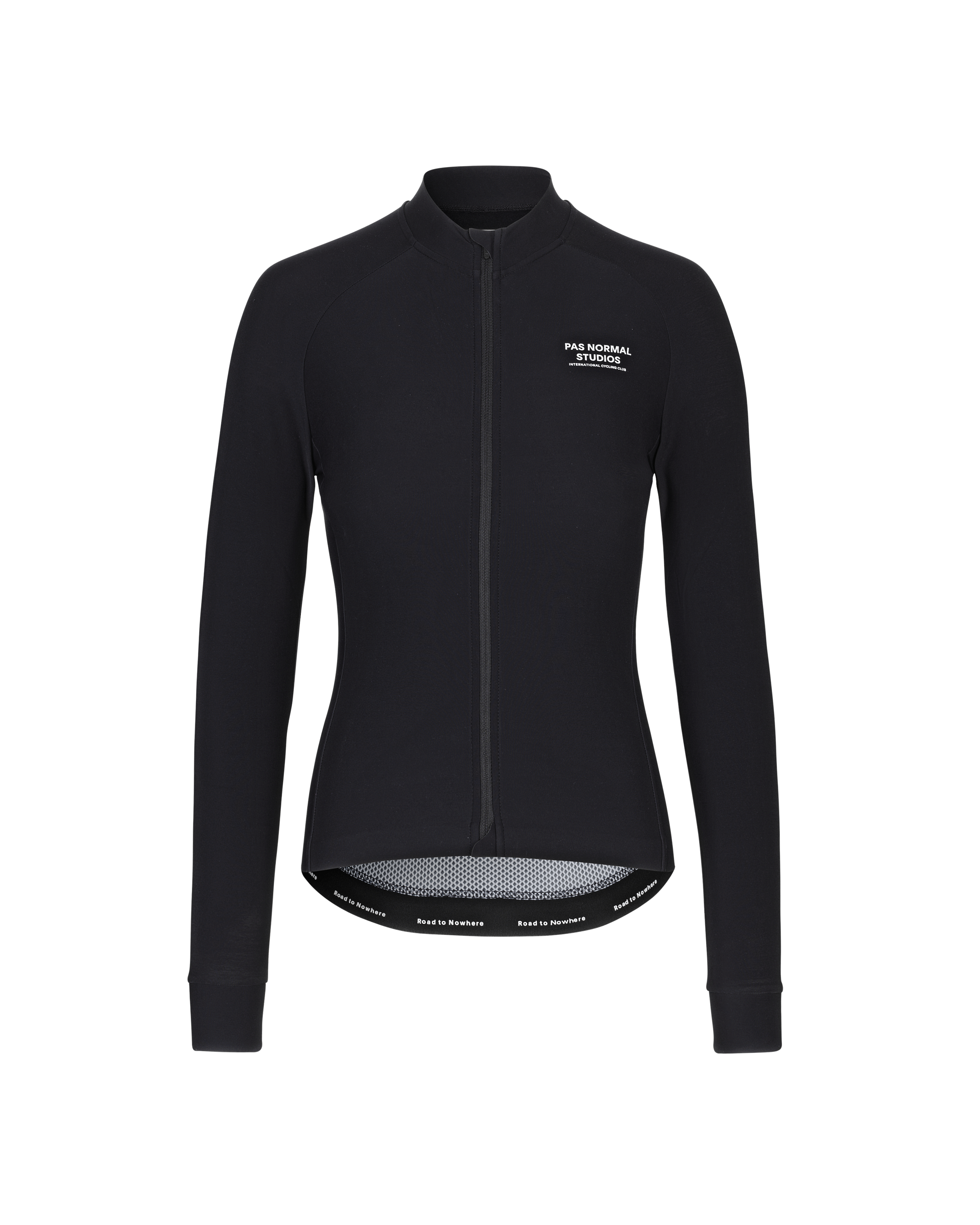Black Mechanism long sleeve cycling jersey, front view with white chest logo and mesh hem detail