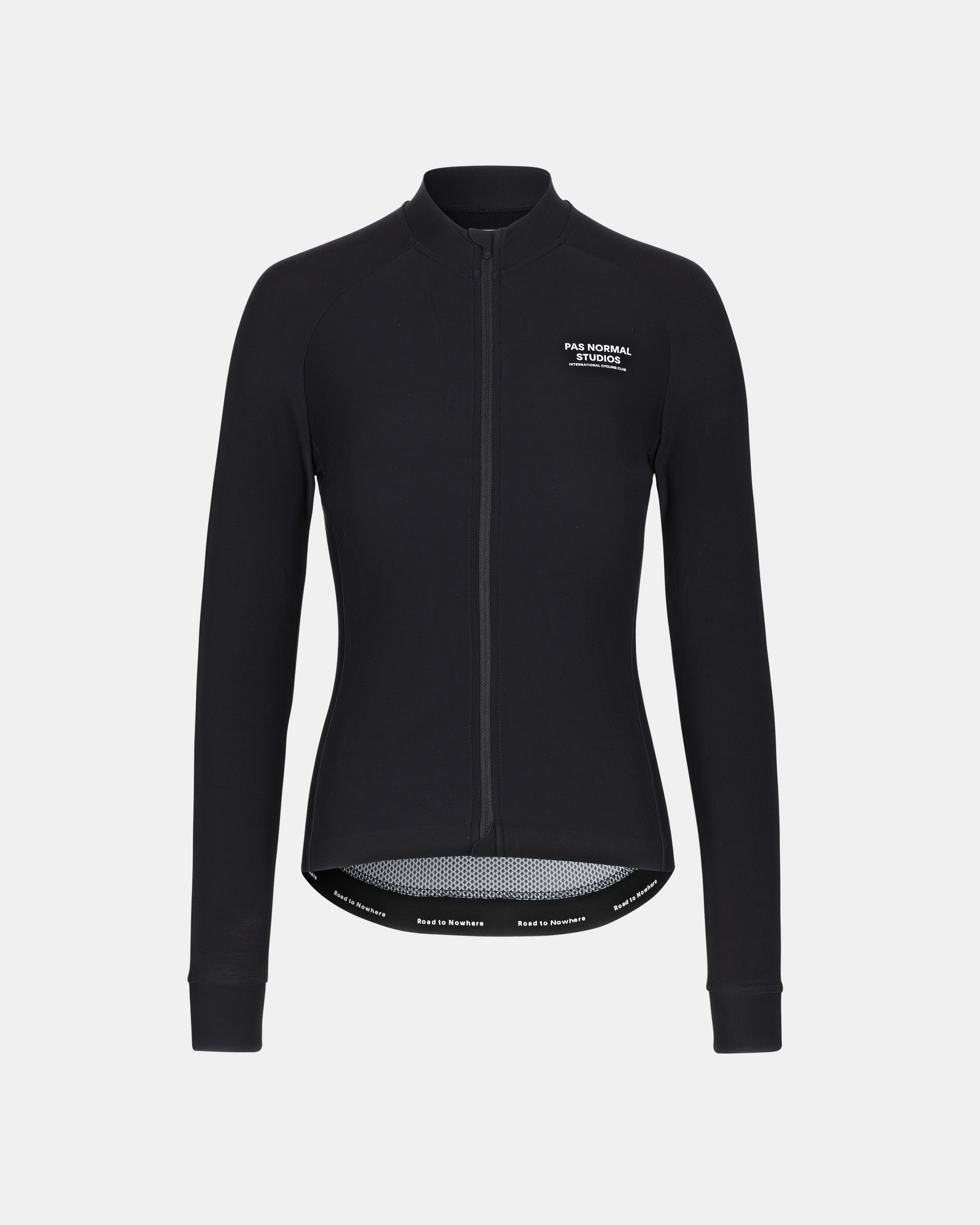 Black Mechanism long sleeve cycling jersey, front view with white chest logo and mesh hem detail