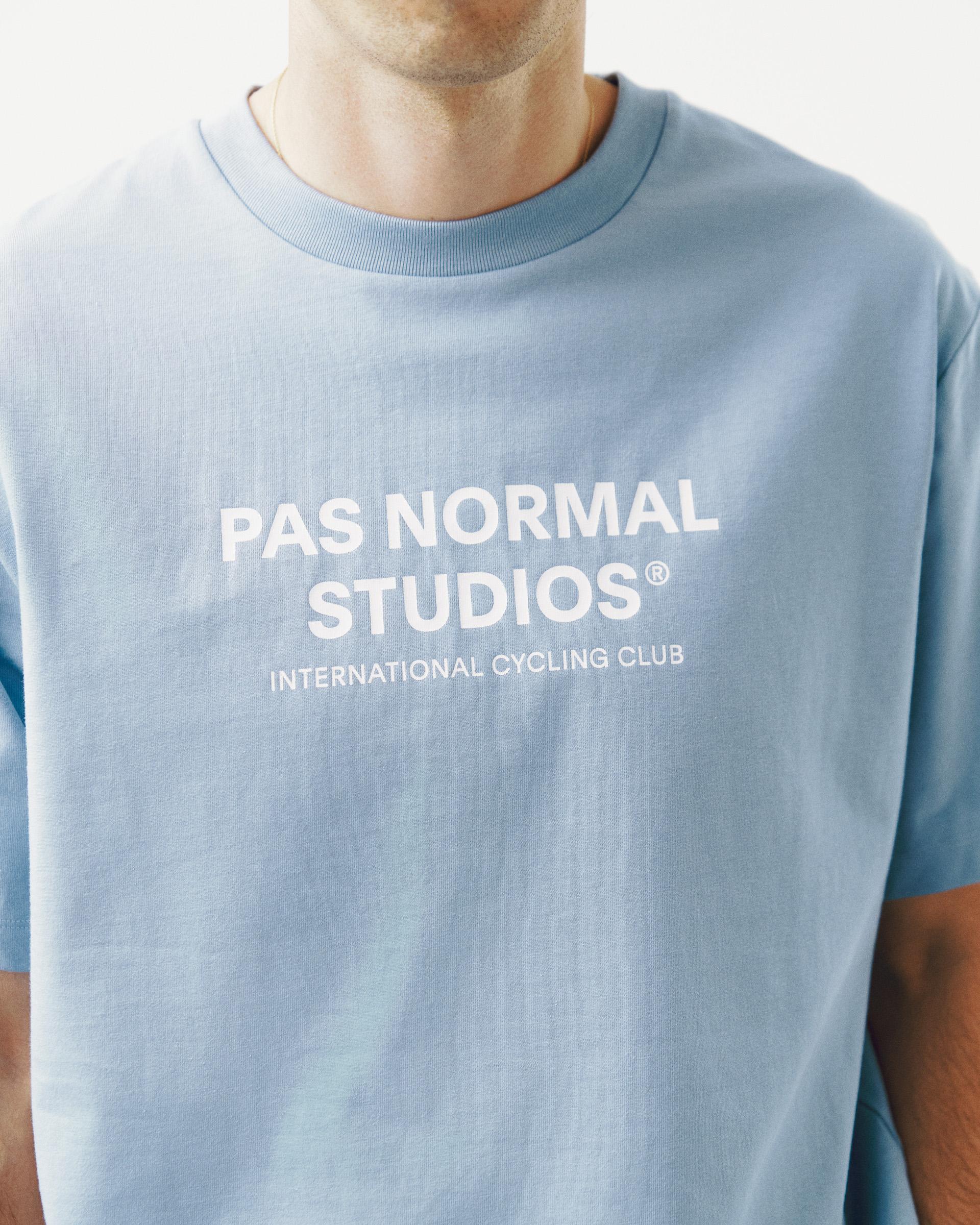 Light Blue Off-Race Logo t-shirt on model with white chest print