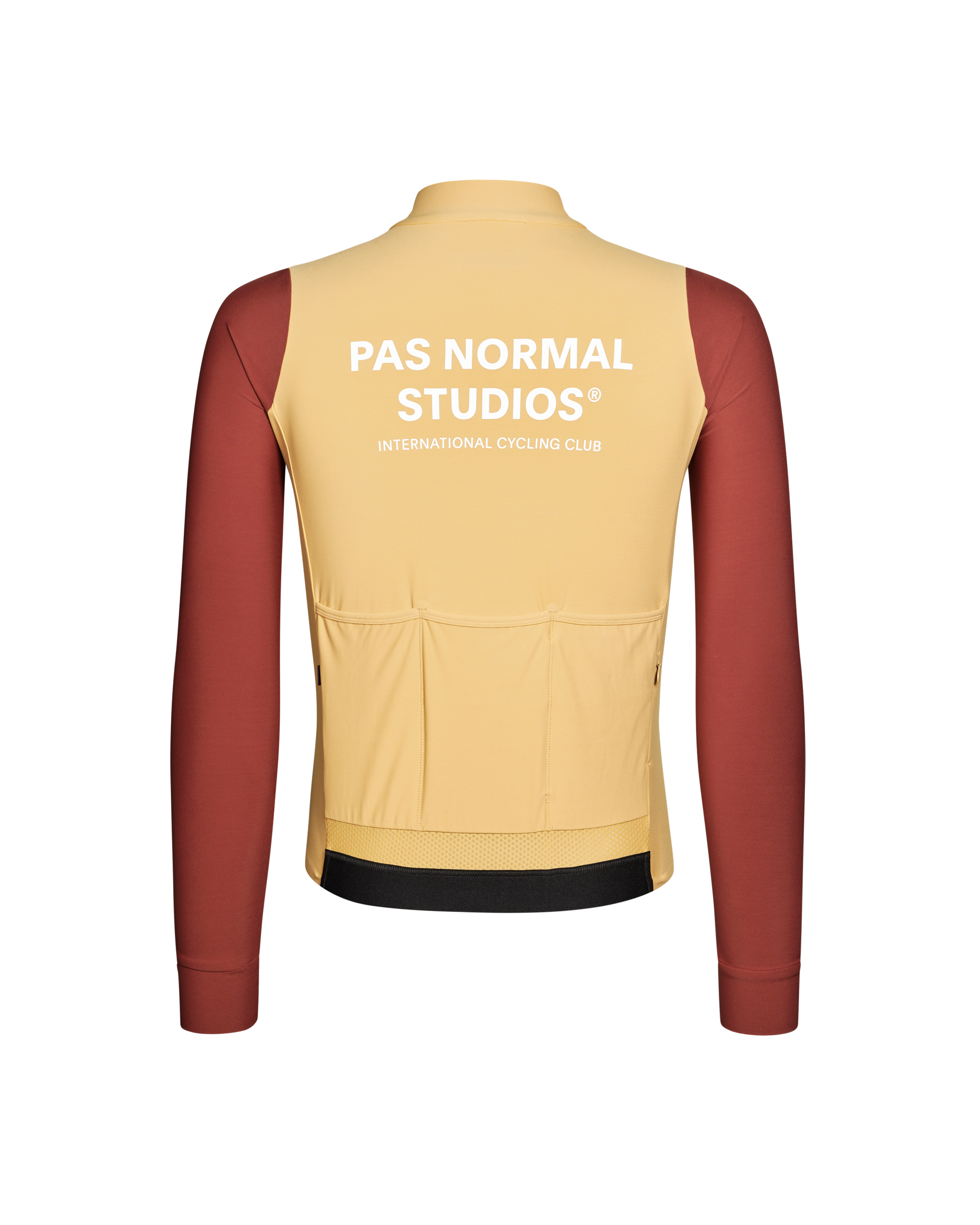 Camel Mechanism long sleeve cycling jersey, rear view with maroon sleeves and back pockets