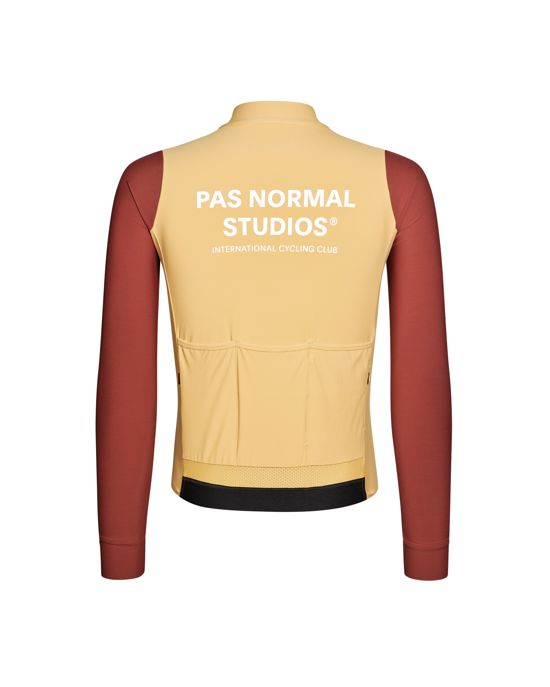 Camel Mechanism long sleeve cycling jersey, rear view with maroon sleeves and back pockets