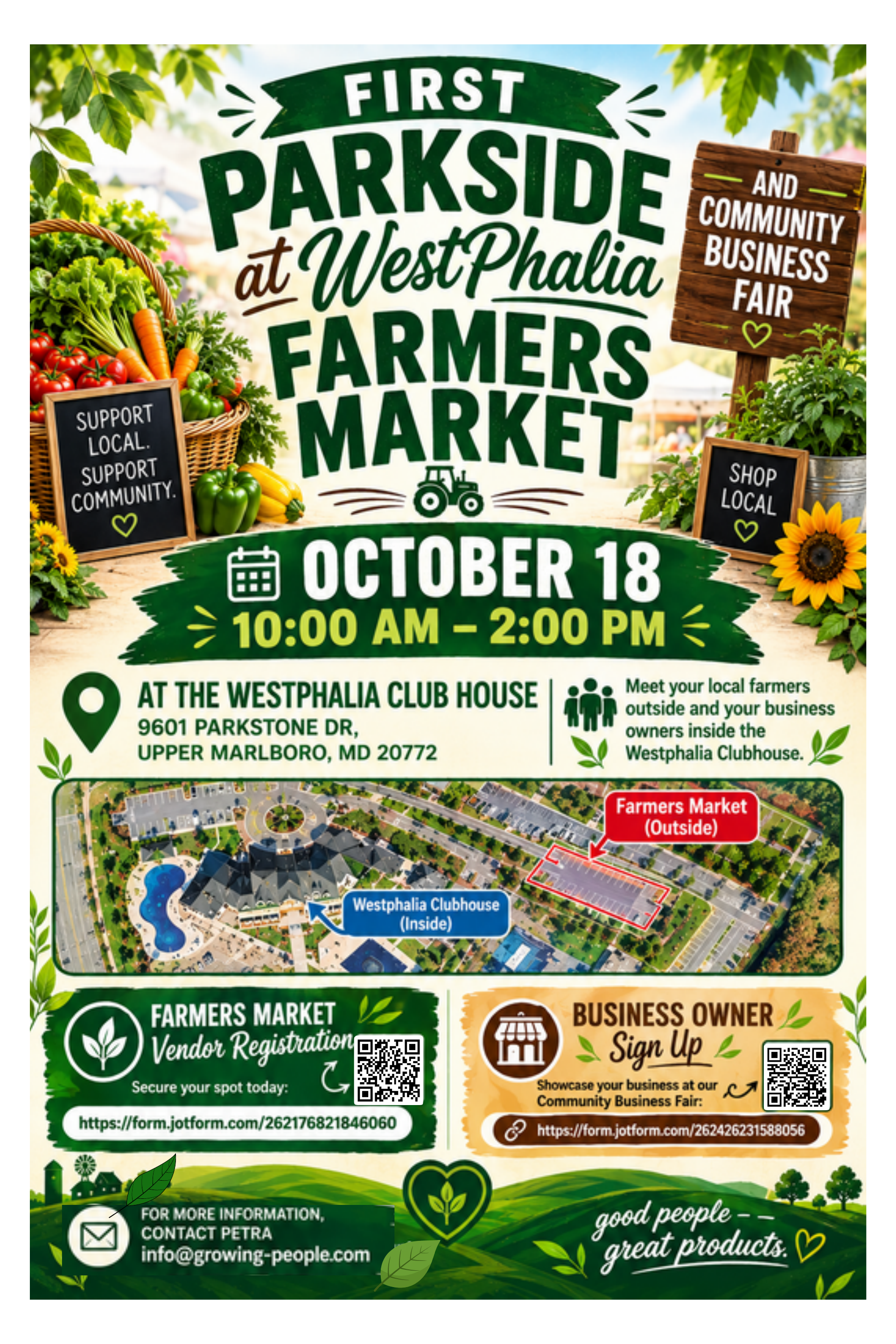 Official Parkside at Westphalia Farmers Market and Community Business Fair flyer for Sunday, October 18, 2026, from 10 a.m. to 2 p.m. at the Westphalia Clubhouse, 9601 Parkstone Drive, Upper Marlboro.