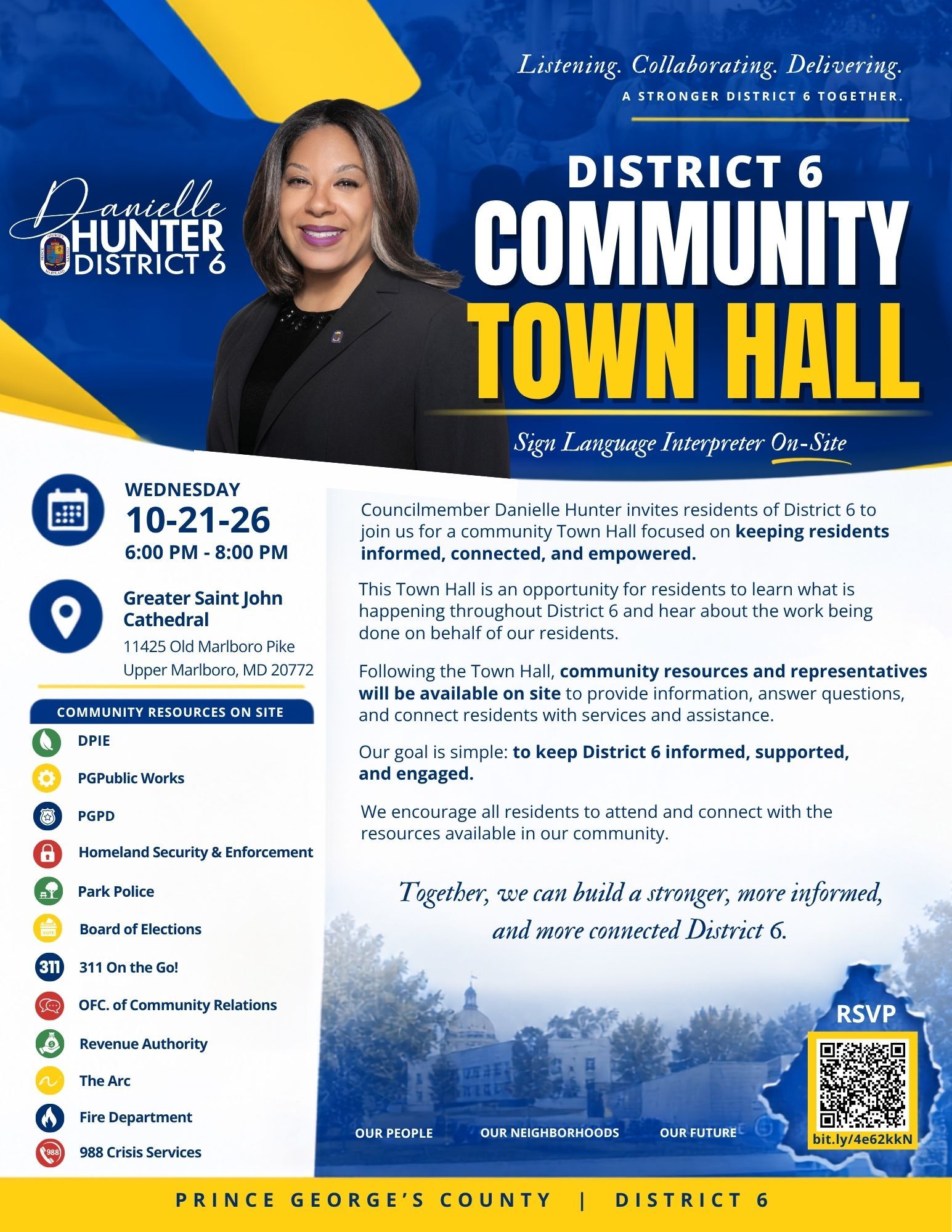 Official District 6 Community Town Hall flyer featuring Council Member Danielle Hunter and details for the Oct. 21, 2026 meeting at Greater Saint John Cathedral.