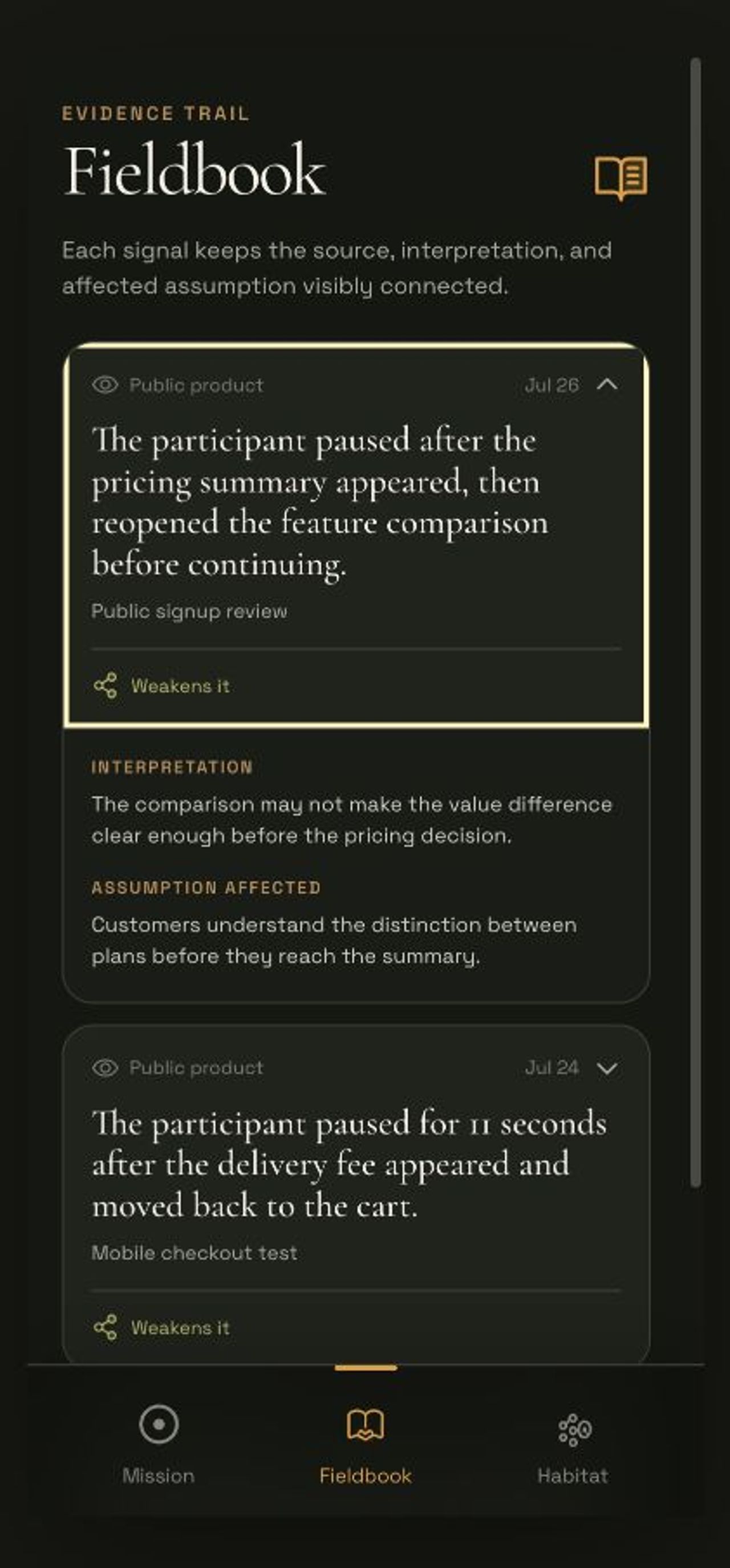 Expanded Living Fieldbook evidence card showing an observation, interpretation, and affected assumption.