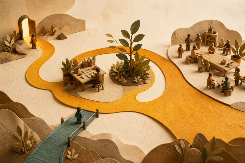 A winding ochre path runs from a small doorway around a growing plant toward a guided customer workshop.