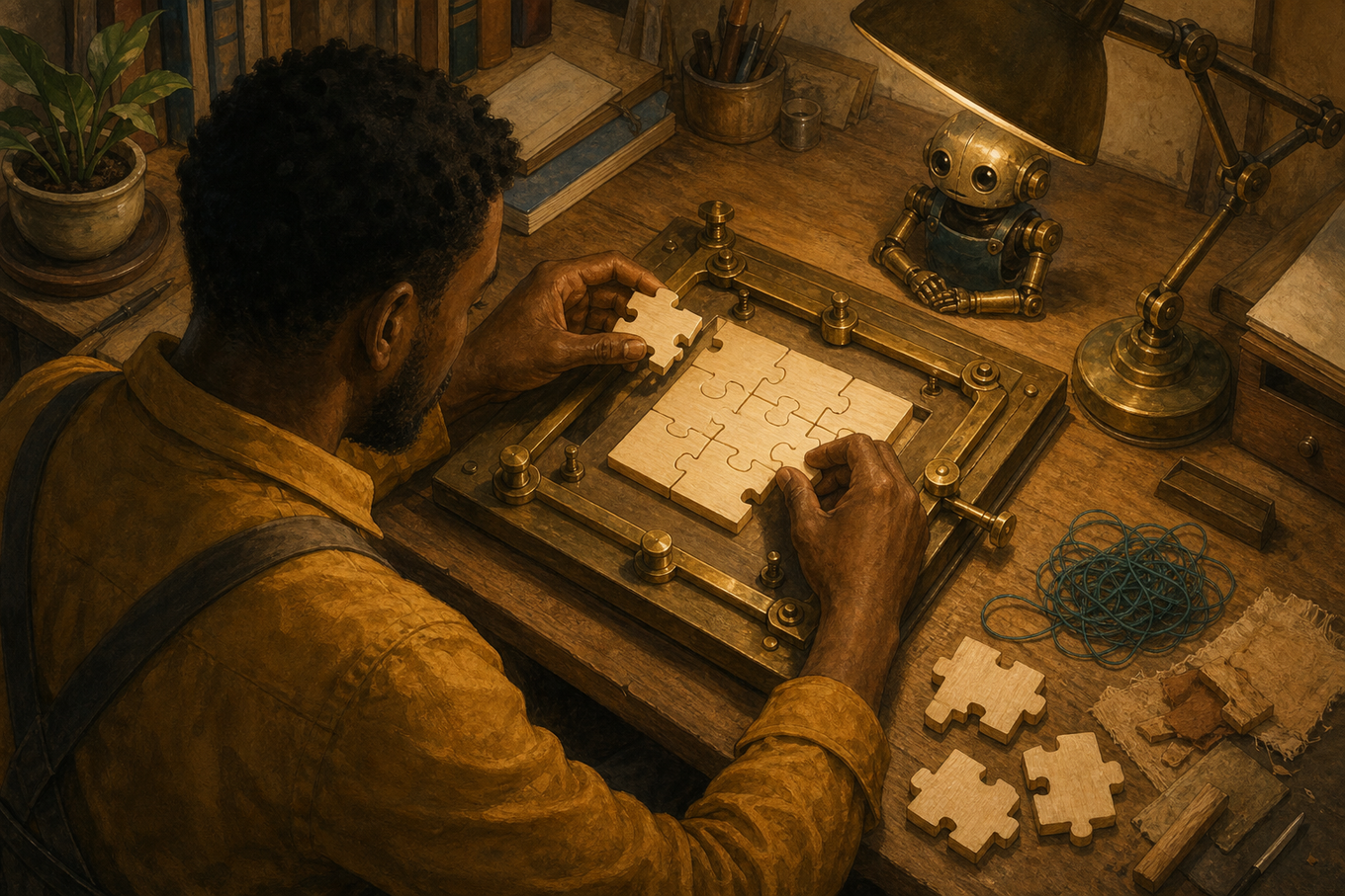A product builder assembles blank wooden pieces into a precise pattern while a small mechanical assistant waits across the workbench.