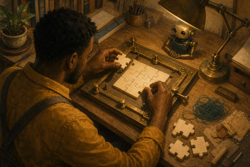 A product builder assembles blank wooden pieces into a precise pattern while a small mechanical assistant waits across the workbench.