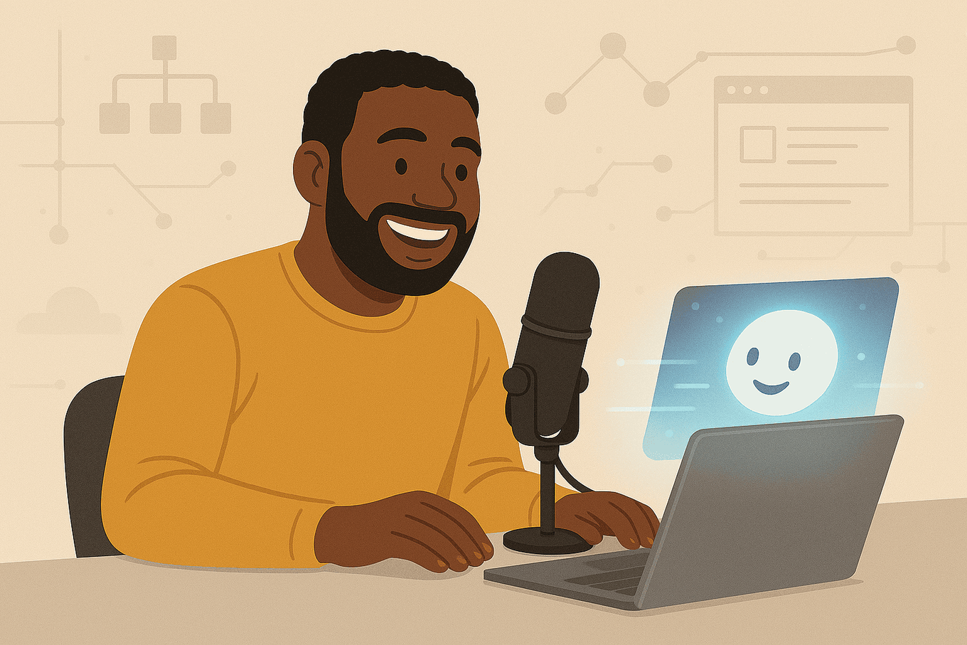A product builder speaking into a desk microphone while an AI assistant responds on a laptop beside workflow diagrams.