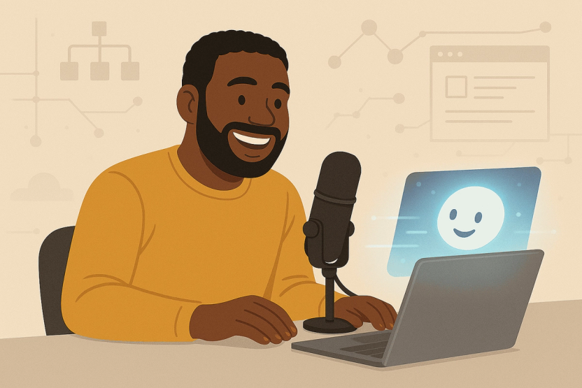 A product builder speaking into a desk microphone while an AI assistant responds on a laptop beside workflow diagrams.