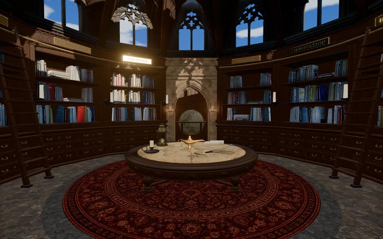 Afternoon sunlight enters the Rotunda through its tall windows, reaching the bookcases and chart table.