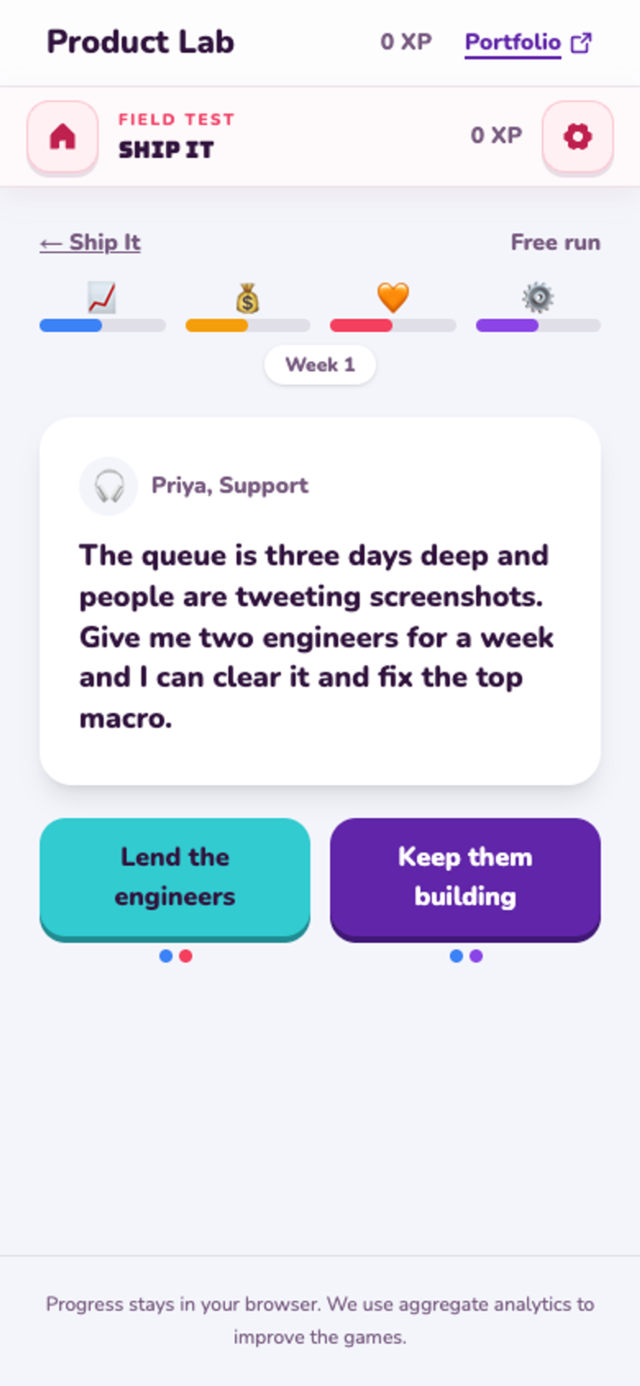 Ship It stakeholder decision screen with customer, business, team, and technology meters