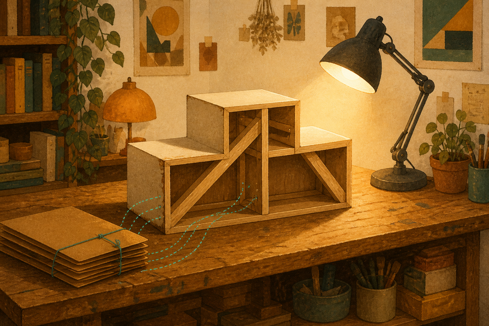 A small winners podium on a workbench is turned to reveal its hollow scaffolded back while a desk lamp lights its confident front face, teal threads running to a stack of folders.