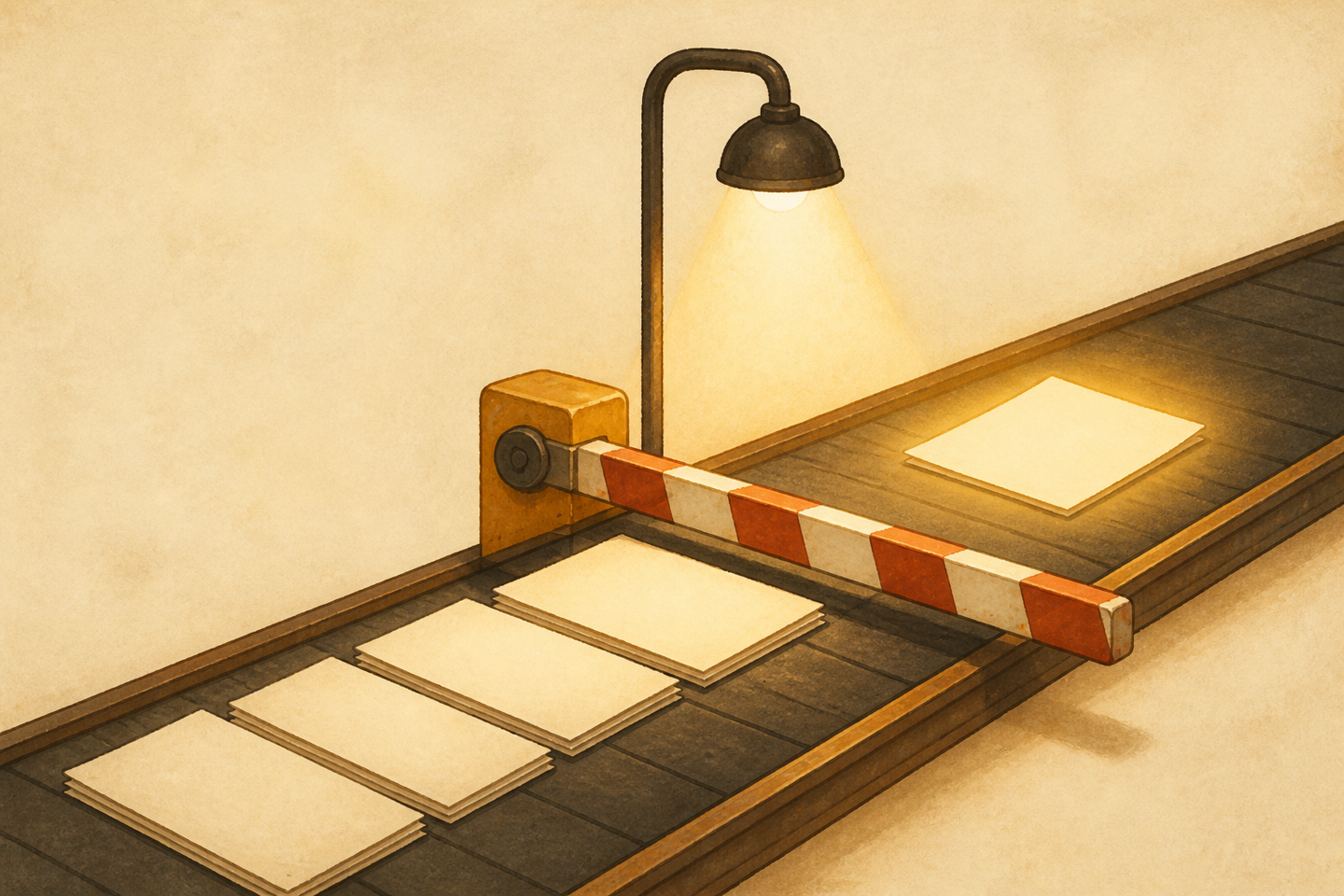 A lowered gate arm stops a queue of paper documents on a conveyor while one approved document glows amber beyond the gate.