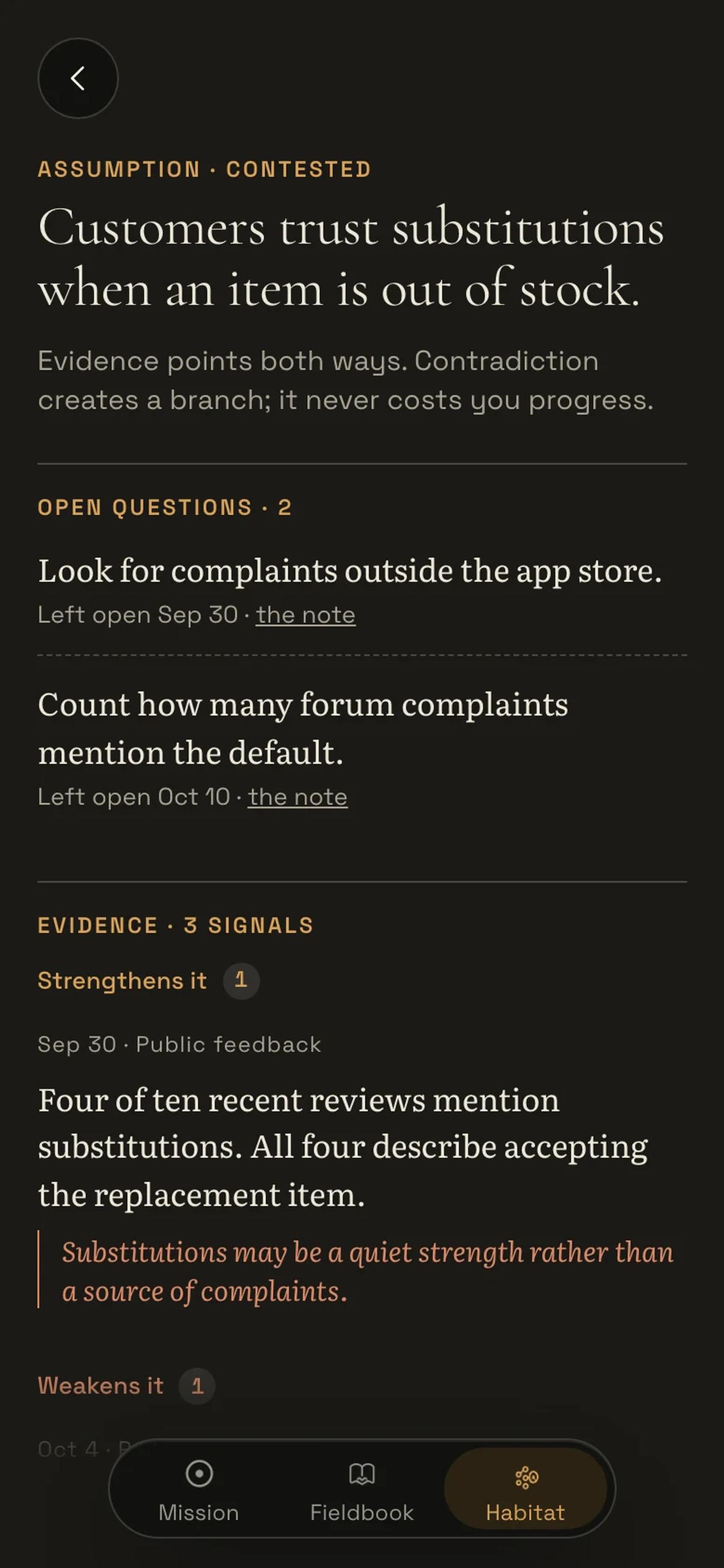 An assumption page: evidence grouped by whether it strengthens, weakens, or complicates the belief, with confidence and decisions.