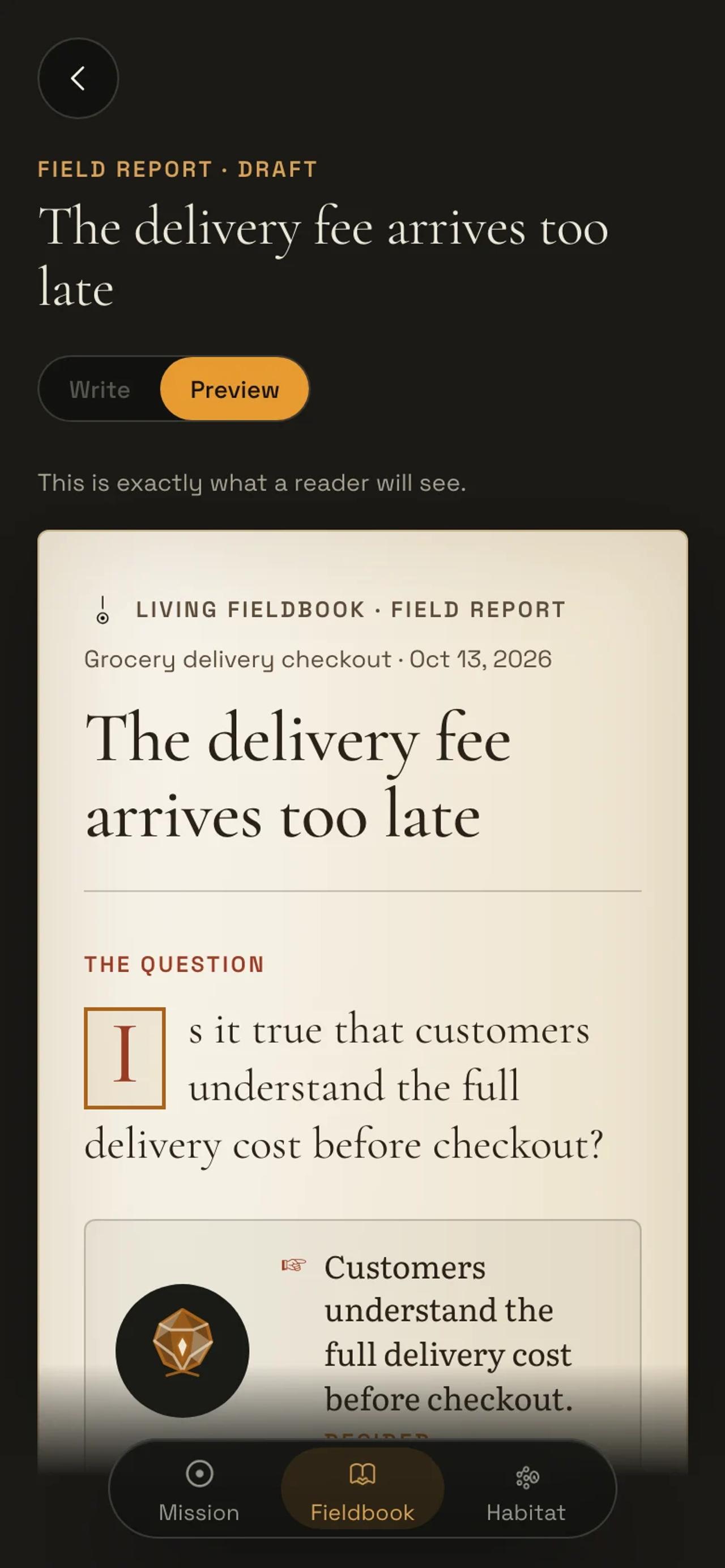 A field report previewed as a codex page: the question, the belief, and the observations with their readings.