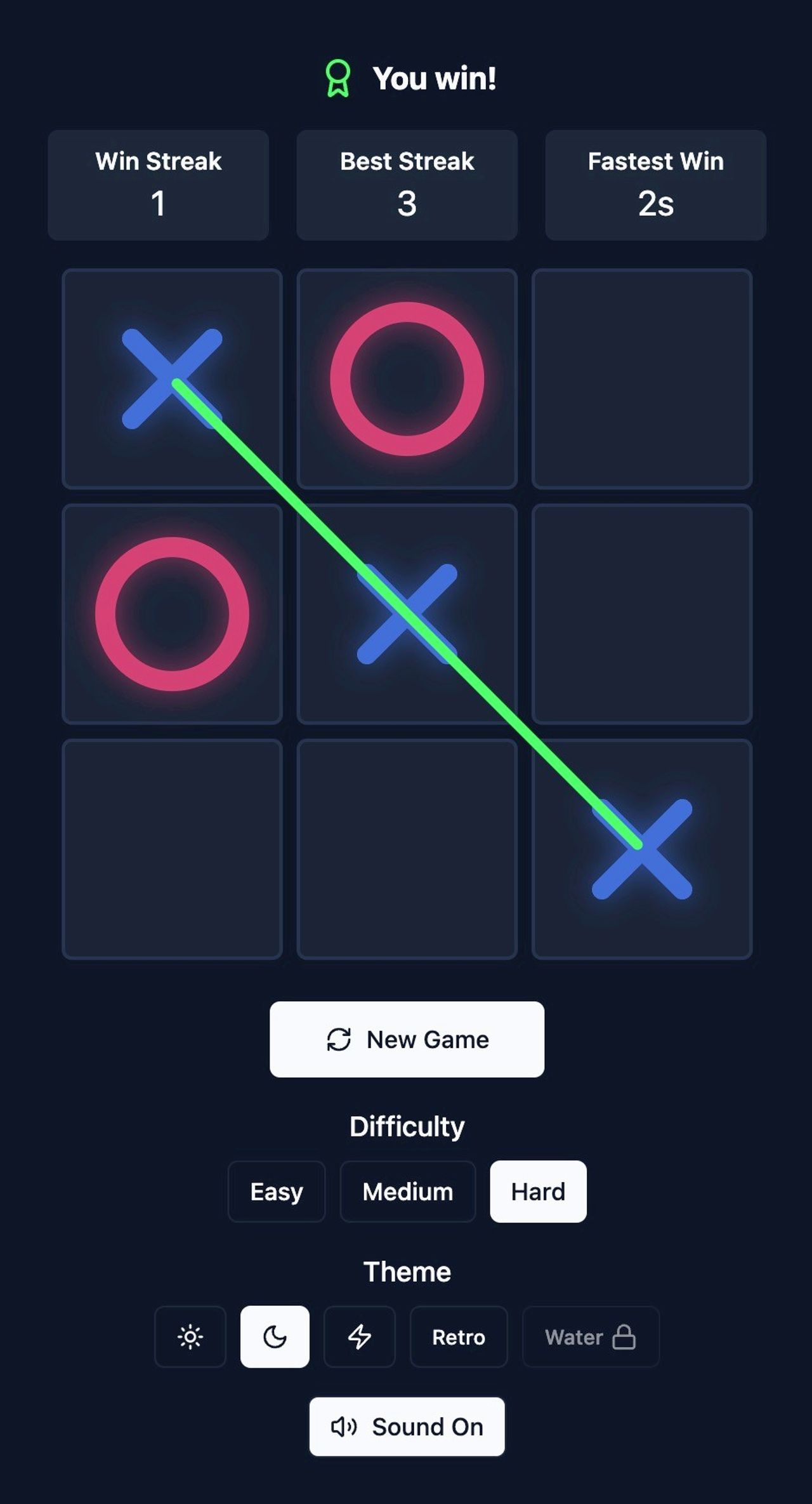 Tic Tac Tile player win screen with difficulty and theme controls