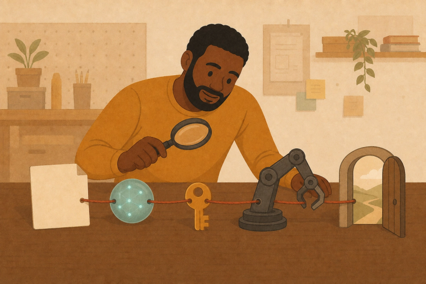 A product builder inspects a hidden red thread moving through a document, an AI tool chain, and an outbound gate.