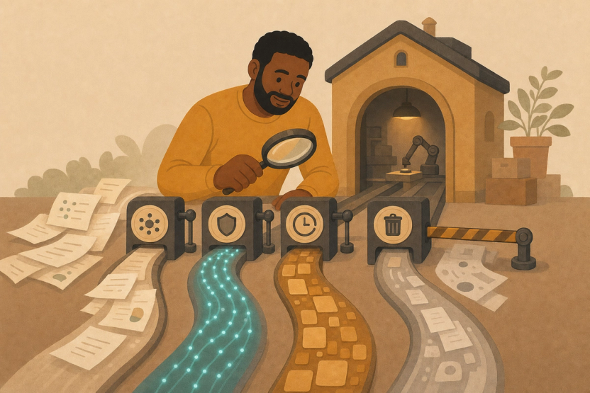A product manager inspecting paper and light data streams at symbol-only checkpoints before they enter a small AI workshop