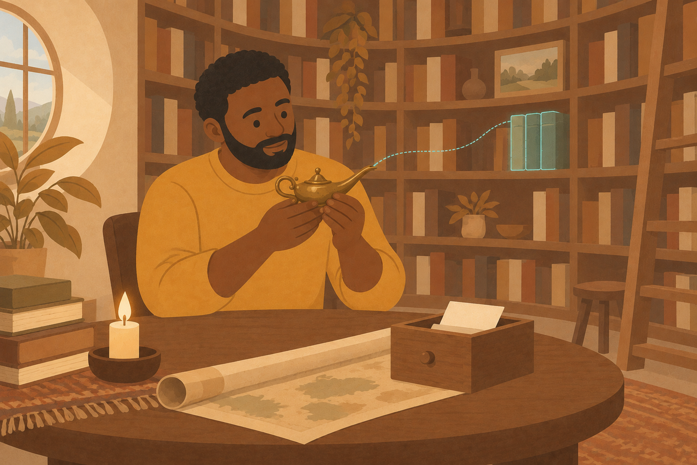 A product builder in a mustard sweater raises a small brass lamp at a candlelit library table, and a thin teal thread of light from its spout reaches only three books standing on the shelf behind him.