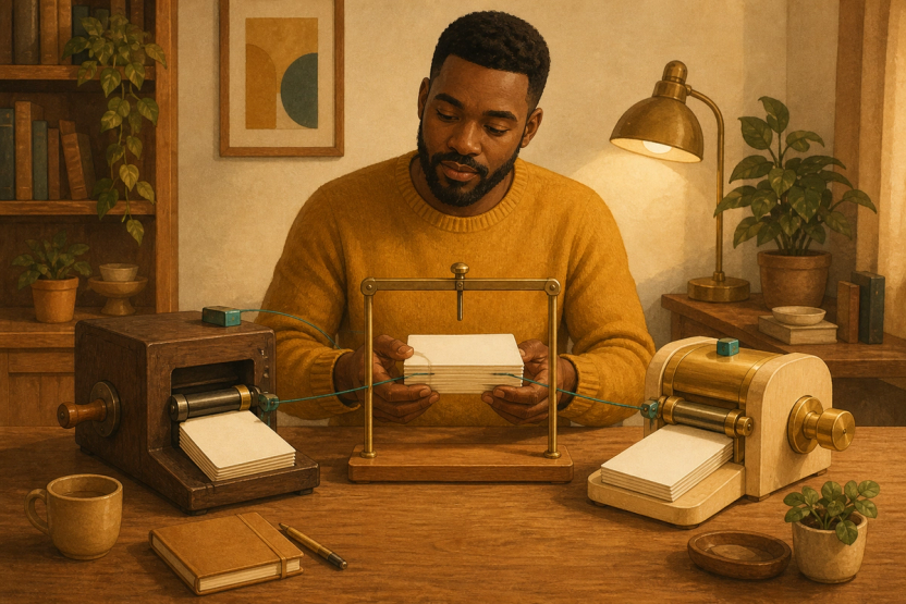 A product builder carries the same stack of test cards between two different tabletop machines, comparing both under one brass measuring frame in a warm study.
