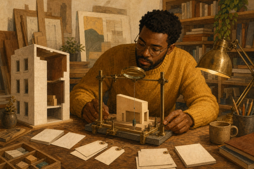 A product builder tests a small wooden house in a brass inspection rig beside a larger hollow building model.