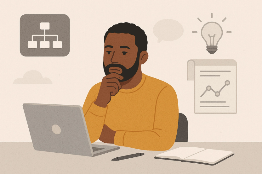 A thoughtful product builder at a laptop beside a product flow, a user profile, a chart, and a light-bulb sketch.