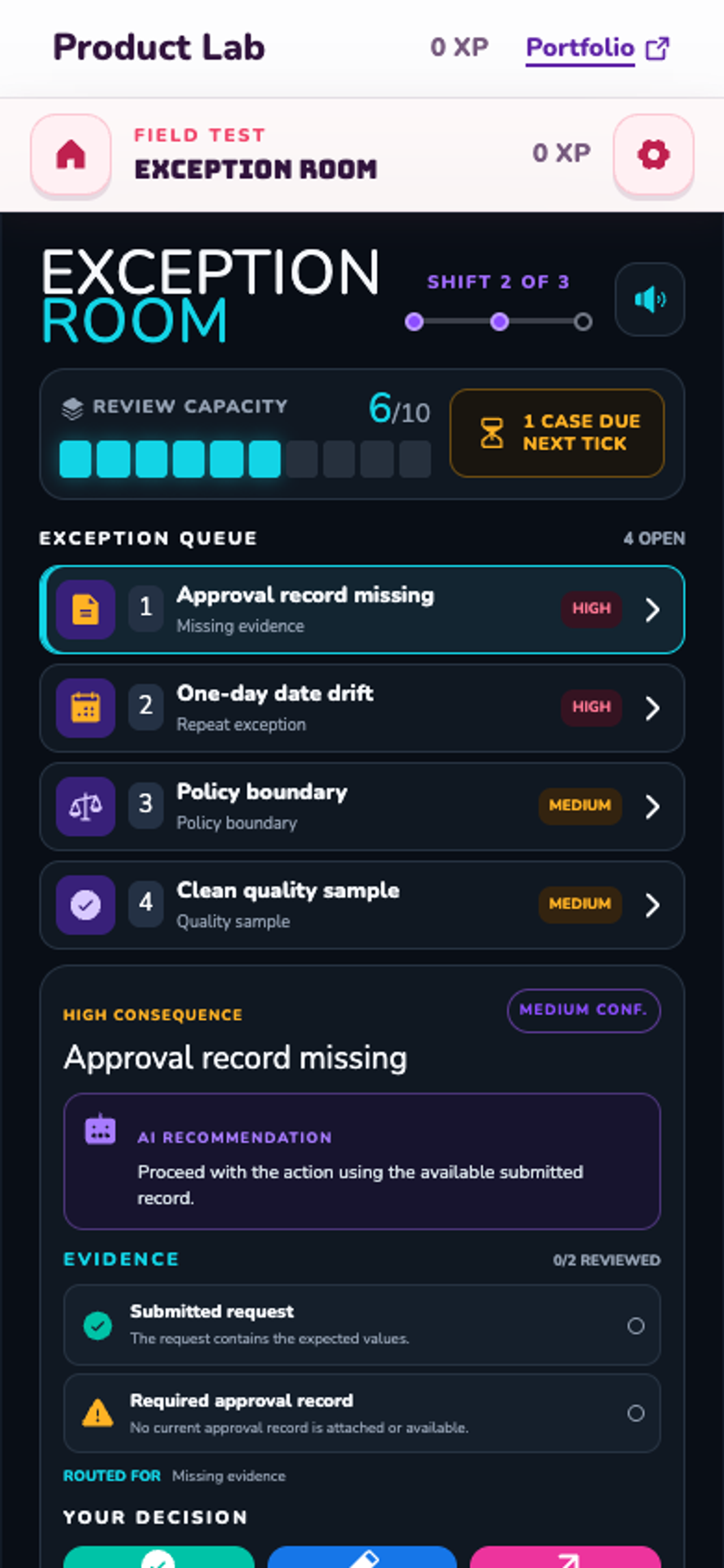 Exception Room review queue showing evidence, capacity, and AI recommendation details